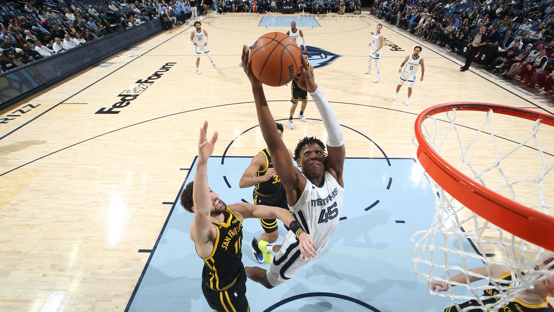 MEMPHIS, TN - JANUARY 15:  GG Jackson #45 of the Memphis Grizzlies grabs the rebound during the game on January 15, 2024 at FedExForum in Memphis, Tennessee.