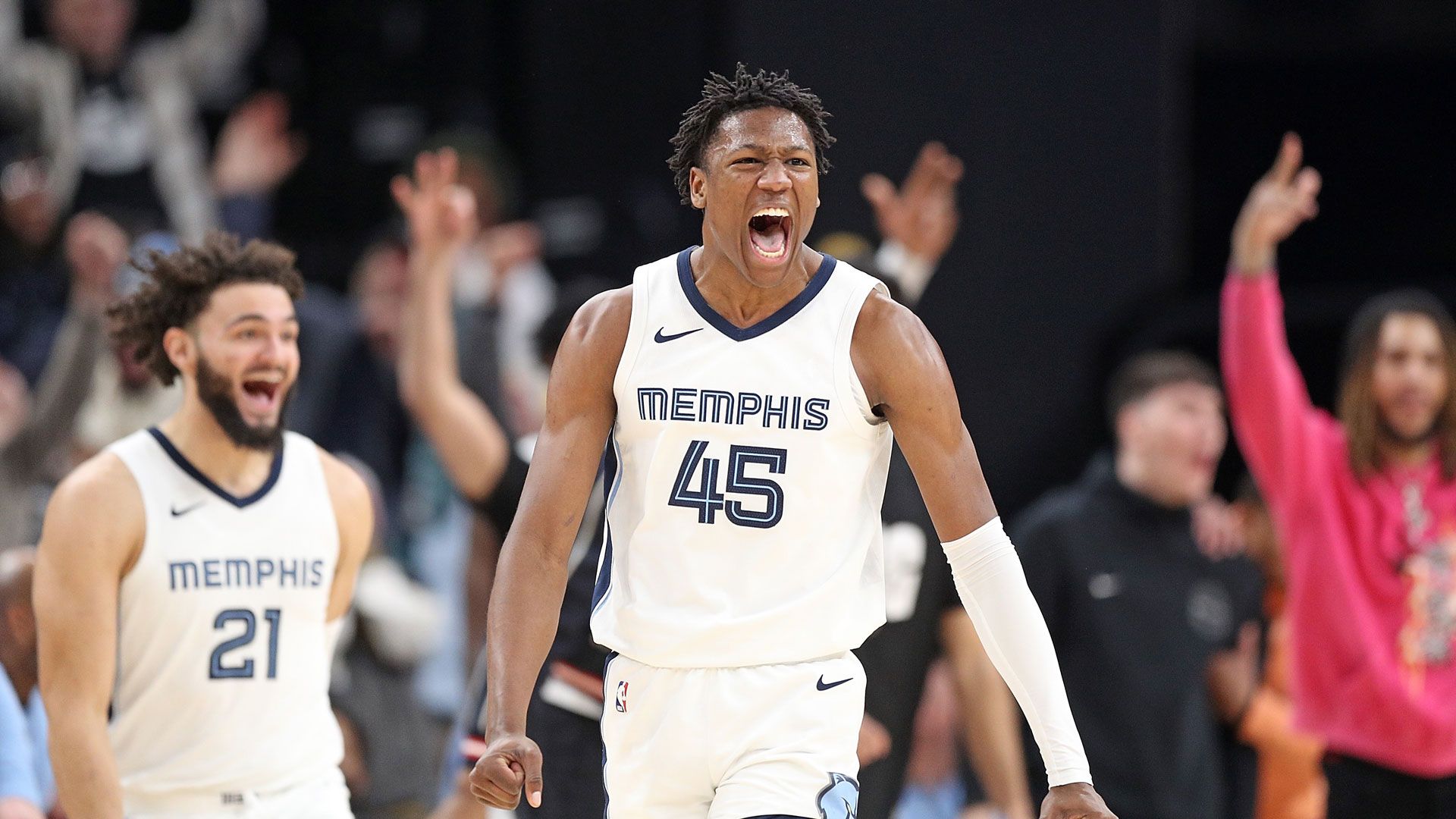 MEMPHIS, TENNESSEE - JANUARY 15: GG Jackson #45 of the Memphis Grizzlies reacts during the game against the Golden State Warriors at FedExForum on January 15, 2024 in Memphis, Tennessee.