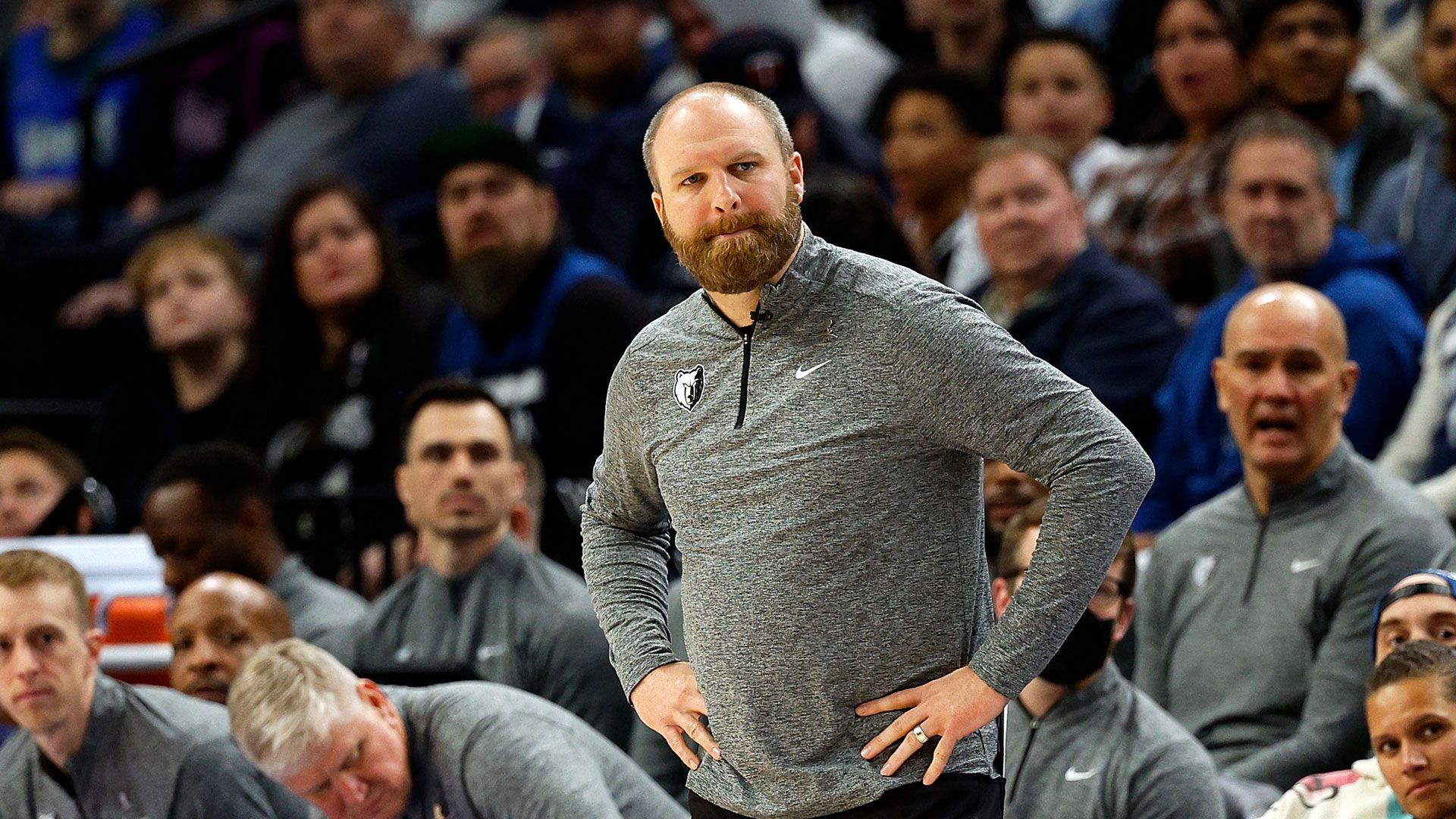 MINNEAPOLIS, MINNESOTA - JANUARY 18: Head coach Taylor Jenkins of the Memphis Grizzlies looks on against the Minnesota Timberwolves in the first quarter at Target Center on January 18, 2024 in Minneapolis, Minnesota.