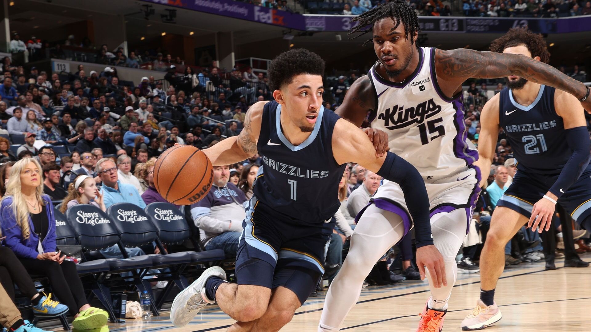 MEMPHIS, TN - JANUARY 29:  Scotty Pippen Jr. #1 of the Memphis Grizzlies drives to the basket during the game against the Sacramento Kings on January 29, 2024 at FedExForum in Memphis, Tennessee.