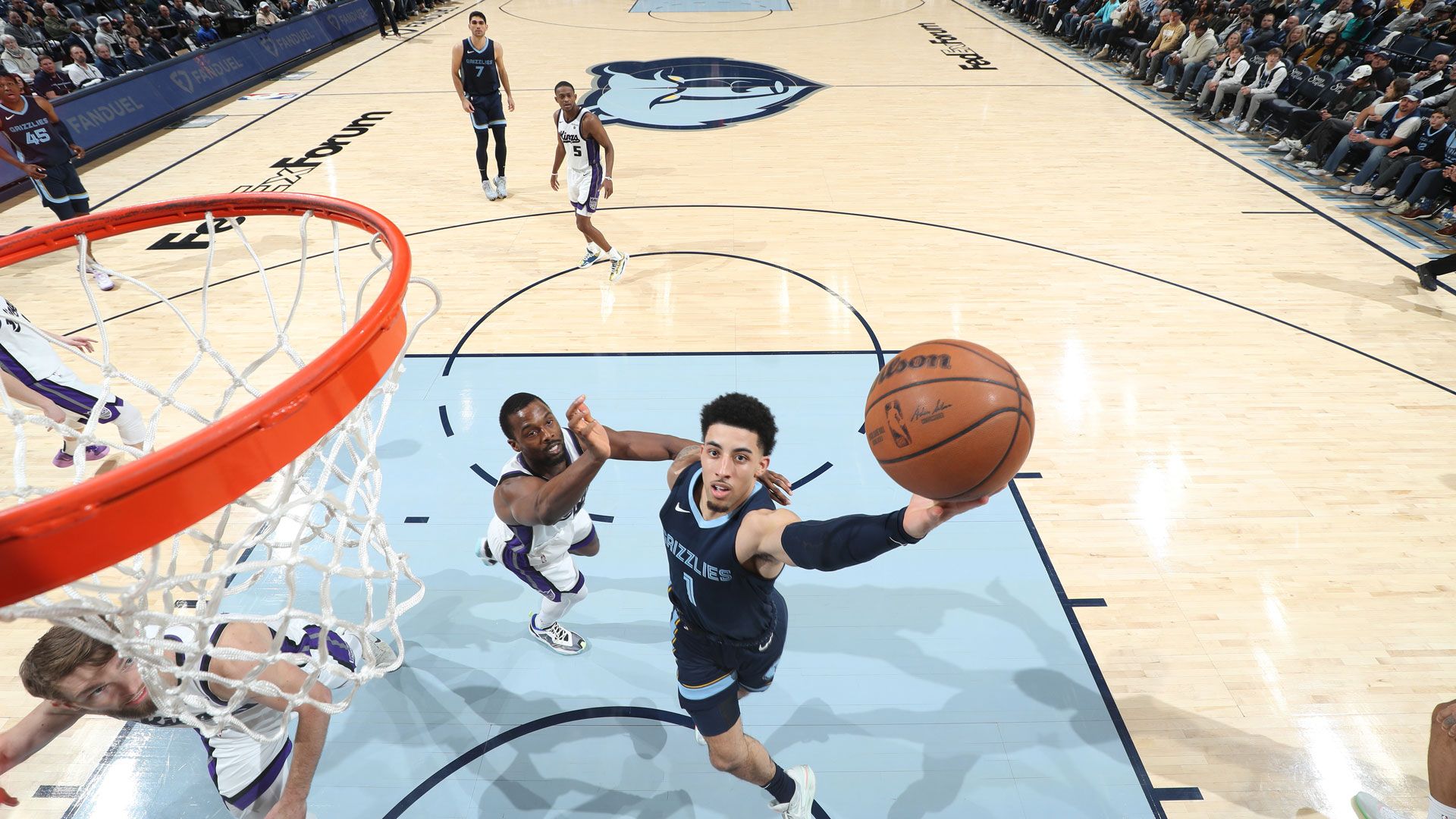 MEMPHIS, TN - JANUARY 29:  Scotty Pippen Jr. #1 of the Memphis Grizzlies drives to the basket during the game against the Sacramento Kings on January 29, 2024 at FedExForum in Memphis, Tennessee.