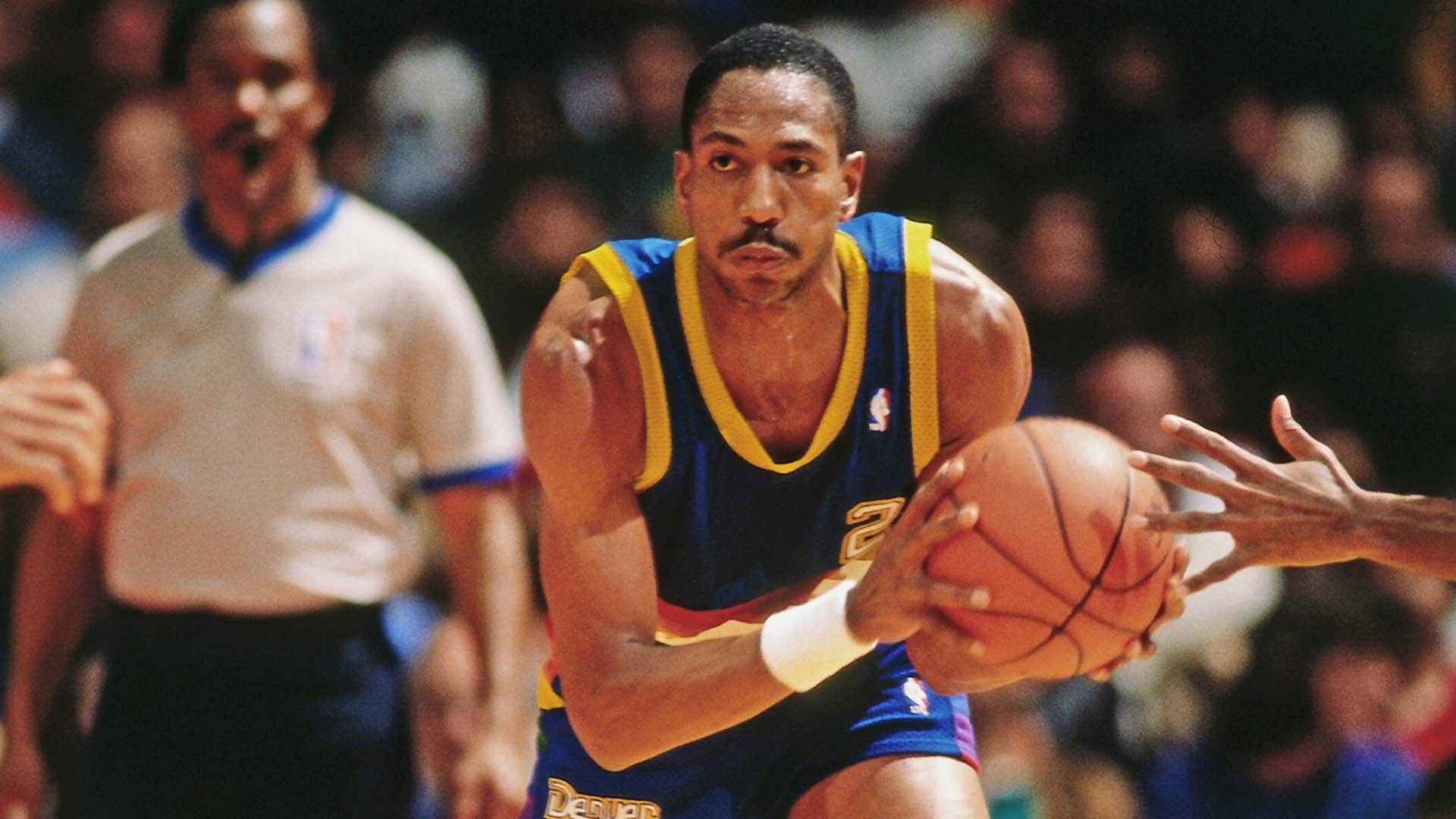 ATLANTA - 1990: Alex English #2 of the Denver Nuggets drives against the Atlanta Hawks during a game played circa 1990 at the Omni  in Atlanta, Georgia. NOTE TO USER: User expressly acknowledges and agrees that, by downloading and or using this photograph, User is consenting to the terms and conditions of the Getty Images License Agreement. Mandatory Copyright Notice: Copyright 1990 NBAE (Photo by Scott Cunningham/NBAE via Getty Images)