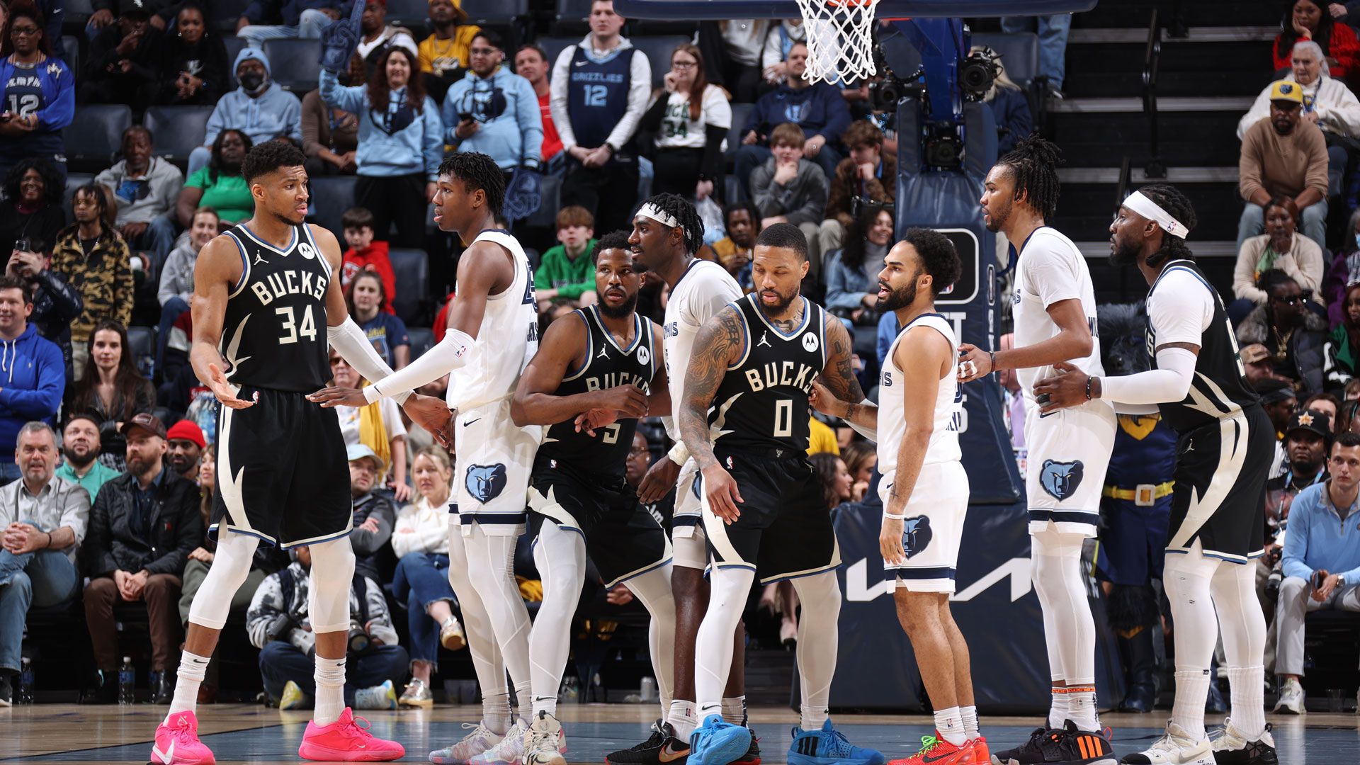 MEMPHIS, TENNESSEE - FEBRUARY 15: The Memphis Grizzlies line up for a play during the game against the Milwaukee Bucks at FedExForum on February 15, 2024 in Memphis, Tennessee.