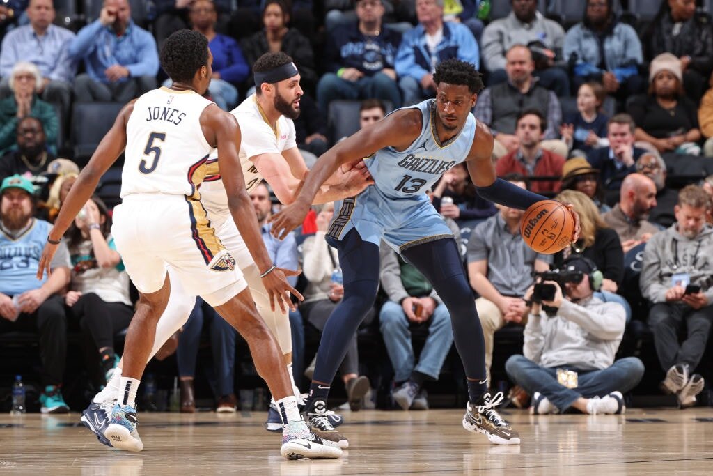 MEMPHIS, TN - FEBRUARY 12: Jaren Jackson Jr. #13 of the Memphis Grizzlies dribbles the ball during the game against the New Orleans Pelicans on February 12, 2024 at FedExForum in Memphis, Tennessee.