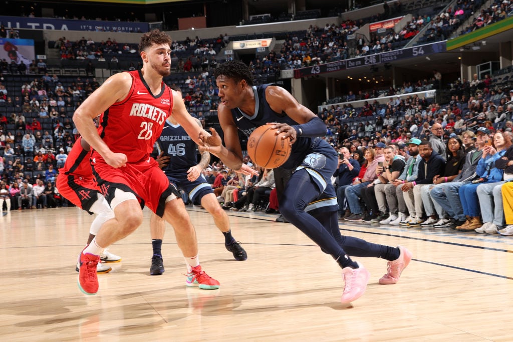 MEMPHIS, TN - FEBRUARY 14: GG Jackson #45 of the Memphis Grizzlies drives to the basket during the game against the Houston Rockets on February 14, 2024 at FedExForum in Memphis, Tennessee.