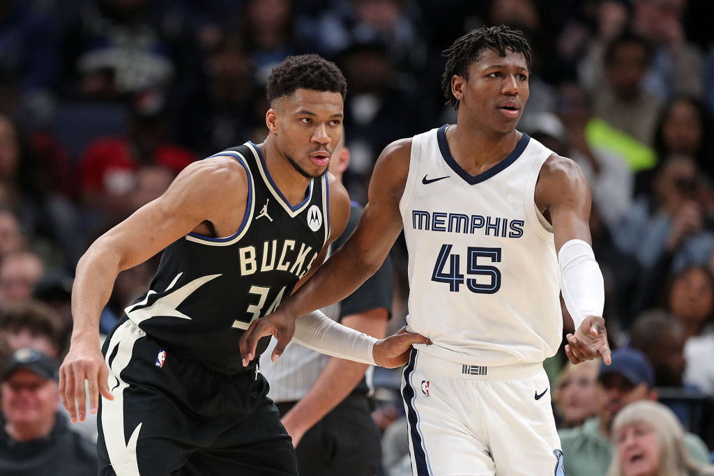 MEMPHIS, TENNESSEE - FEBRUARY 15: Giannis Antetokounmpo #34 of the Milwaukee Bucks and GG Jackson #45 of the Memphis Grizzlies during the first half at FedExForum on February 15, 2024 in Memphis, Tennessee.