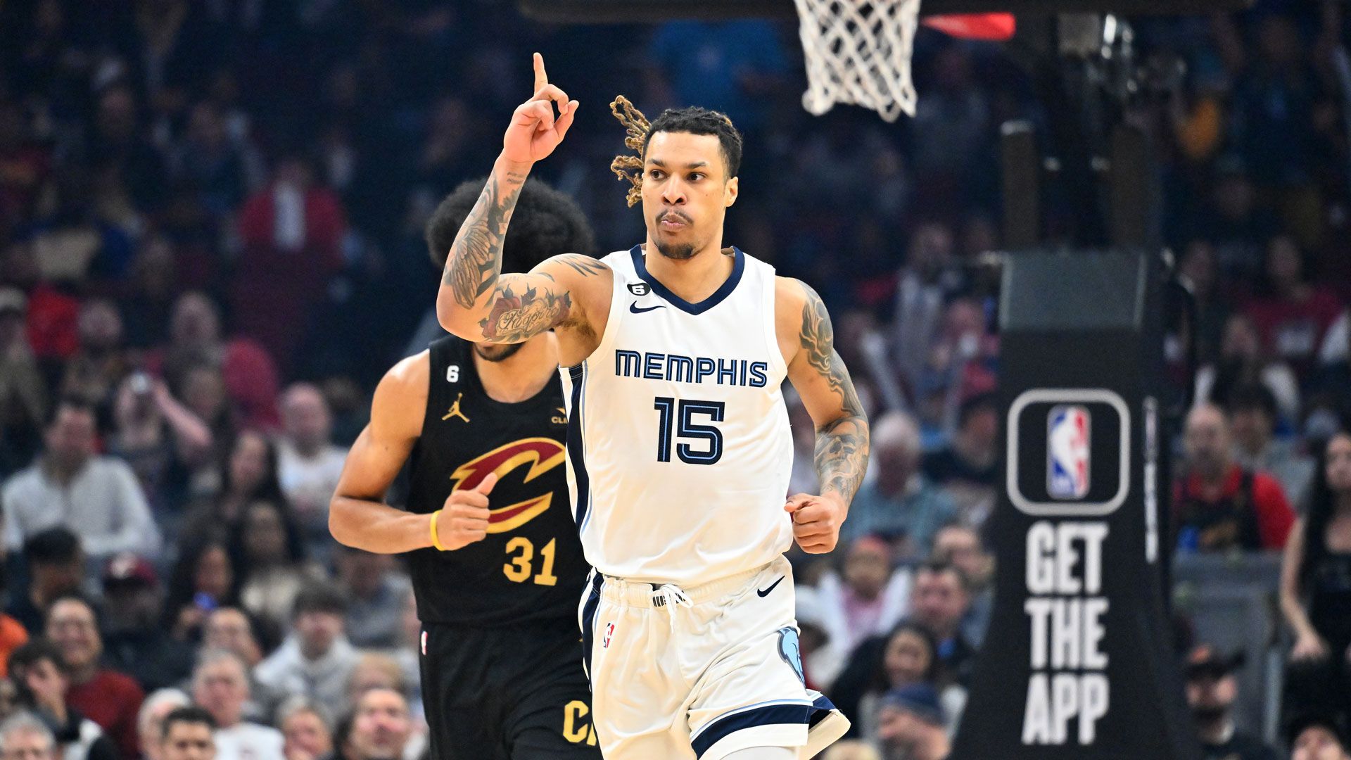 CLEVELAND, OHIO - FEBRUARY 02: Brandon Clarke #15 of the Memphis Grizzlies celebrates during the first quarter of the game against the Cleveland Cavaliers at Rocket Mortgage Fieldhouse on February 02, 2023 in Cleveland, Ohio.