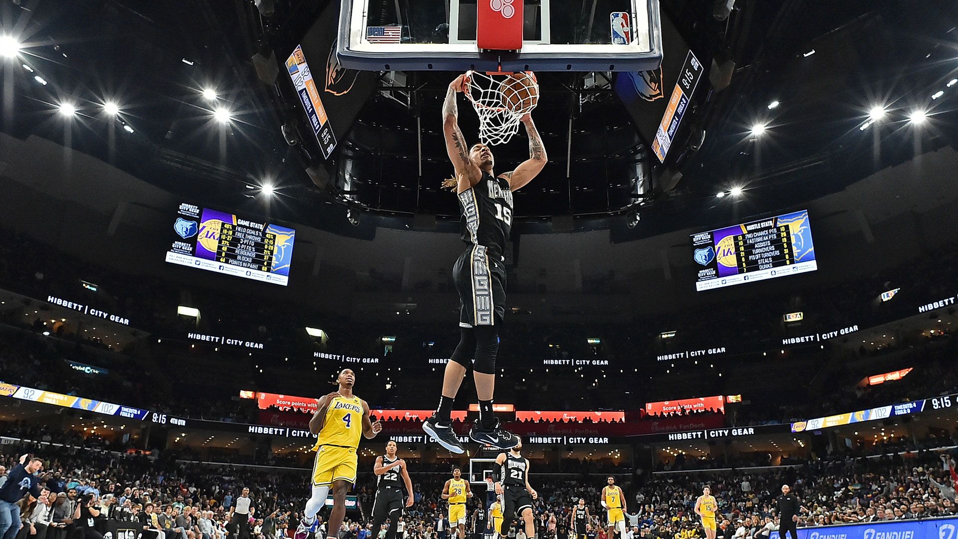 MEMPHIS, TENNESSEE - FEBRUARY 28: Brandon Clarke #15 of the Memphis Grizzlies dunks during the game against the Los Angeles Lakers at FedExForum on February 28, 2023 in Memphis, Tennessee.