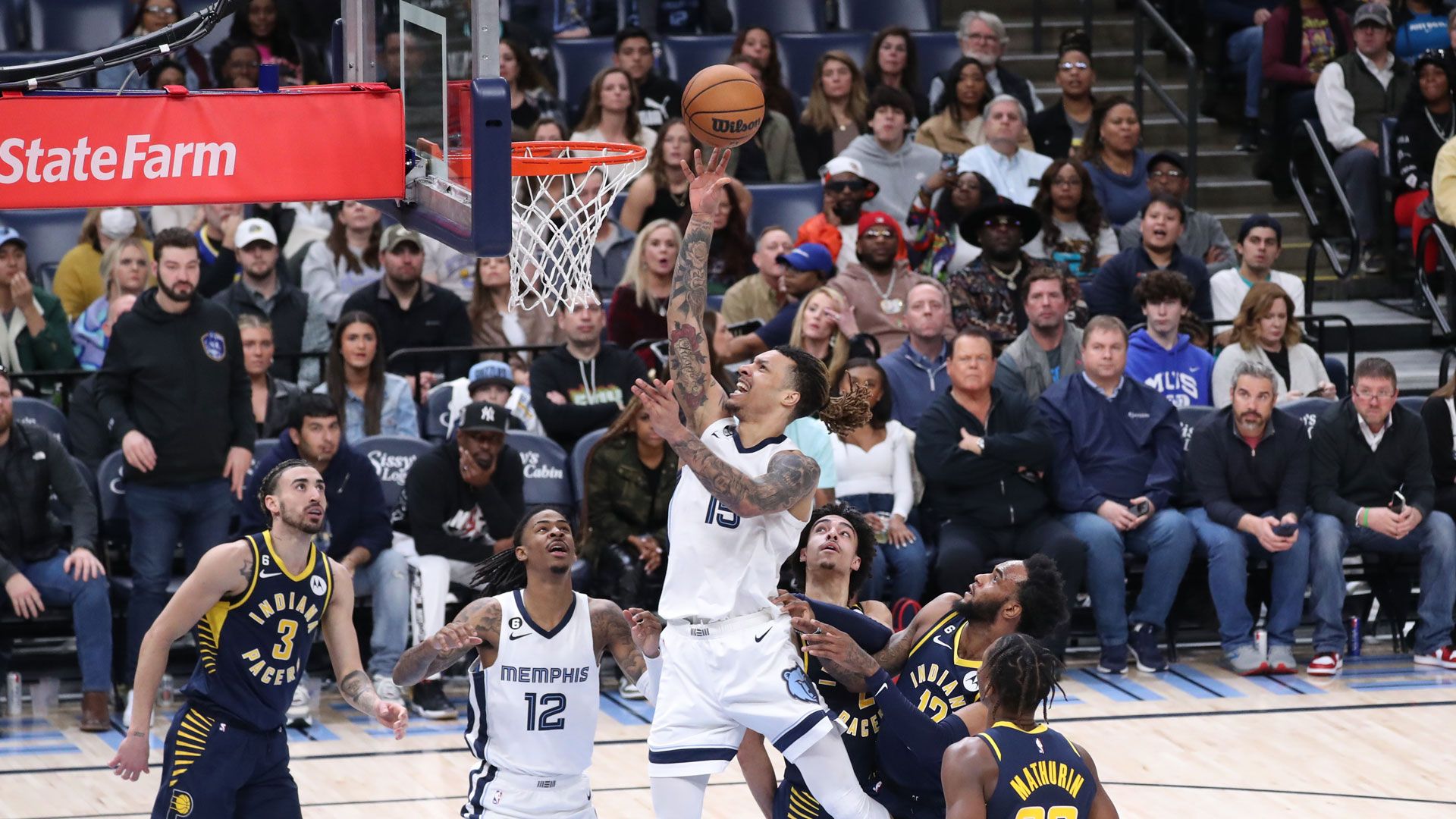 MEMPHIS, TN - JANUARY 29: Brandon Clarke #15 of the Memphis Grizzlies drives to the basket during the game against the Indiana Pacers on January 29, 2023 at FedExForum in Memphis, Tennessee.