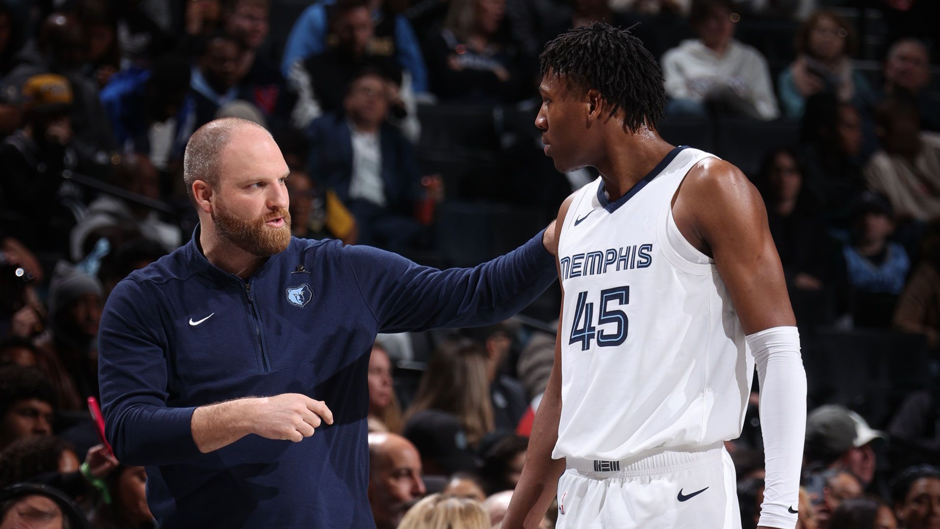 BROOKLYN, NY - MARCH 4: Head Coach Taylor Jenkins  talks to John Konchar #46 of the Memphis Grizzlies during the game against the Brooklyn Nets on March 4, 2024 at Barclays Center in Brooklyn, New York.