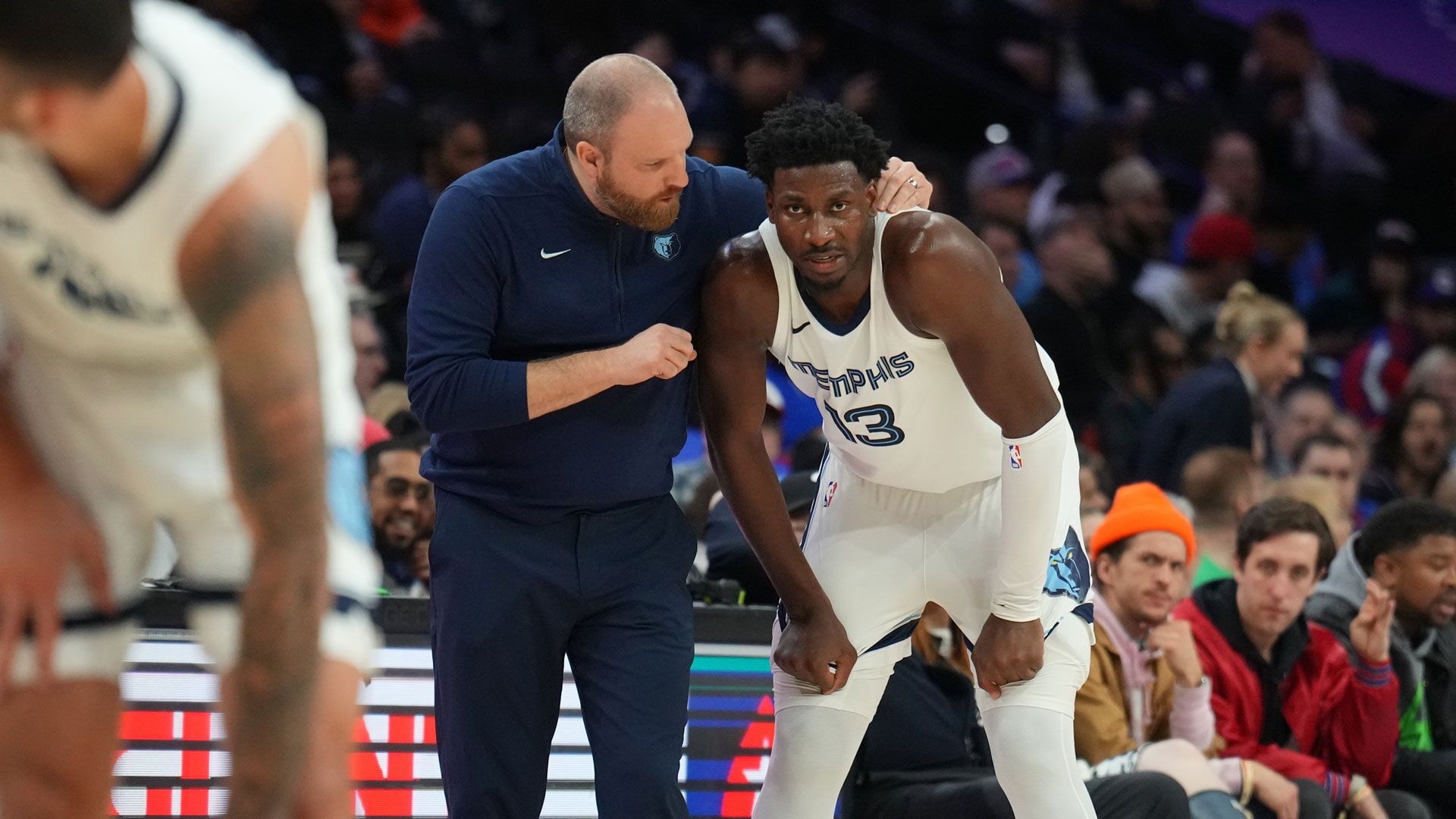 PHILADELPHIA, PA - MARCH 6: Head Coach Taylor Jenkins of the Memphis Grizzlies talks to Jaren Jackson Jr. #13 during the game against the Philadelphia 76ers on March 6, 2024 at the Wells Fargo Center in Philadelphia, Pennsylvania.