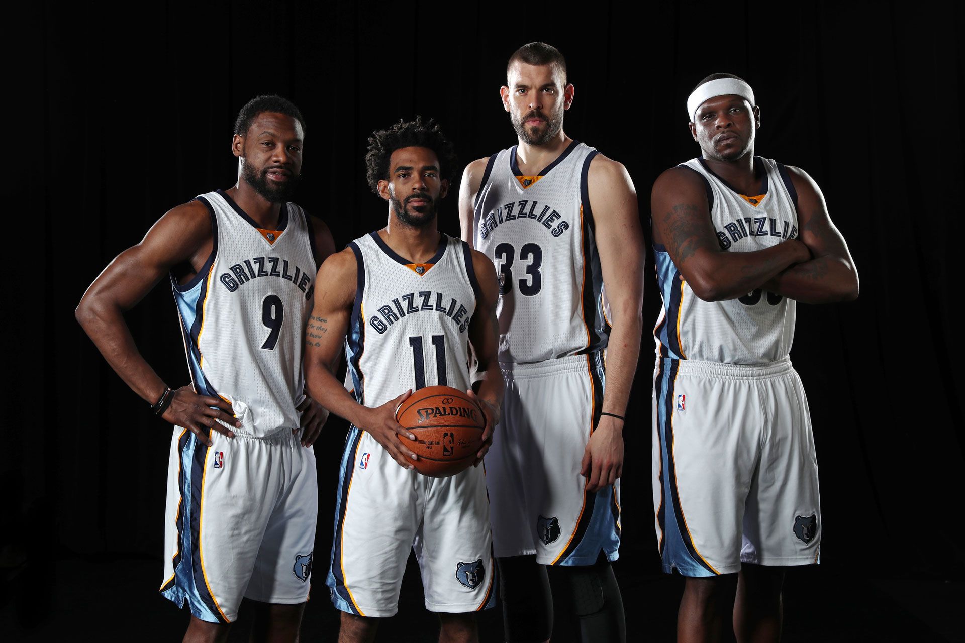MEMPHIS, TN - APRIL 11:  Tony Allen #9, Marc Gasol #33, Mike Conley #11 and Zach Randolph #50 of the Memphis Grizzlies pose for a group photo on April 11, 2017 at FedExForum in Memphis, Tennessee.