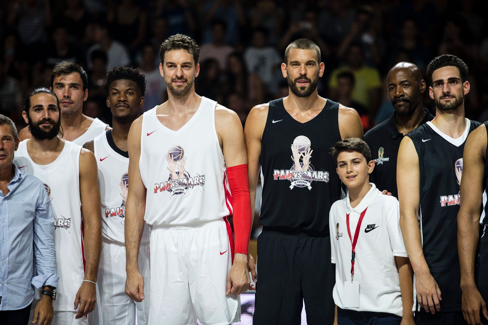 Pau Gasol from Spain of San Antonio Spurs and Marc Gasol from Spain of Memphis Grizzlies during the charity and friendly match Pau Gasol vs Marc Gasol, with European and American NBA players to help young basketball players and developing teams in Fontajau Pavillion, Girona on 8 of July of 2018.