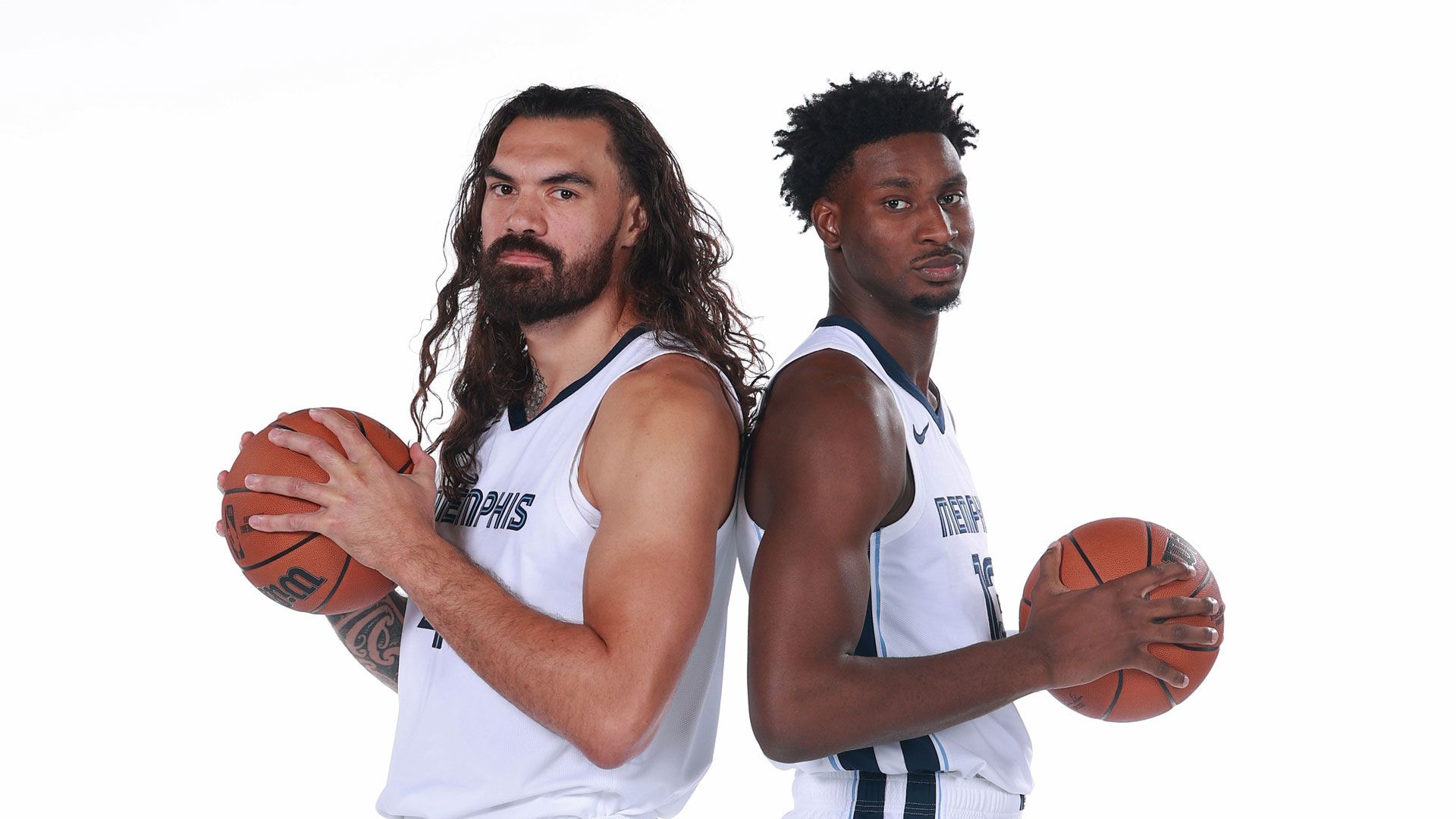 MEMPHIS, TN - OCTOBER 02: Steven Adams #4 and Jaren Jackson Jr. #13 of the Memphis Grizzlies poses for a portrait during 2023-24 NBA media day on October 2, 2023 at FedExForum in Memphis, Tennessee.