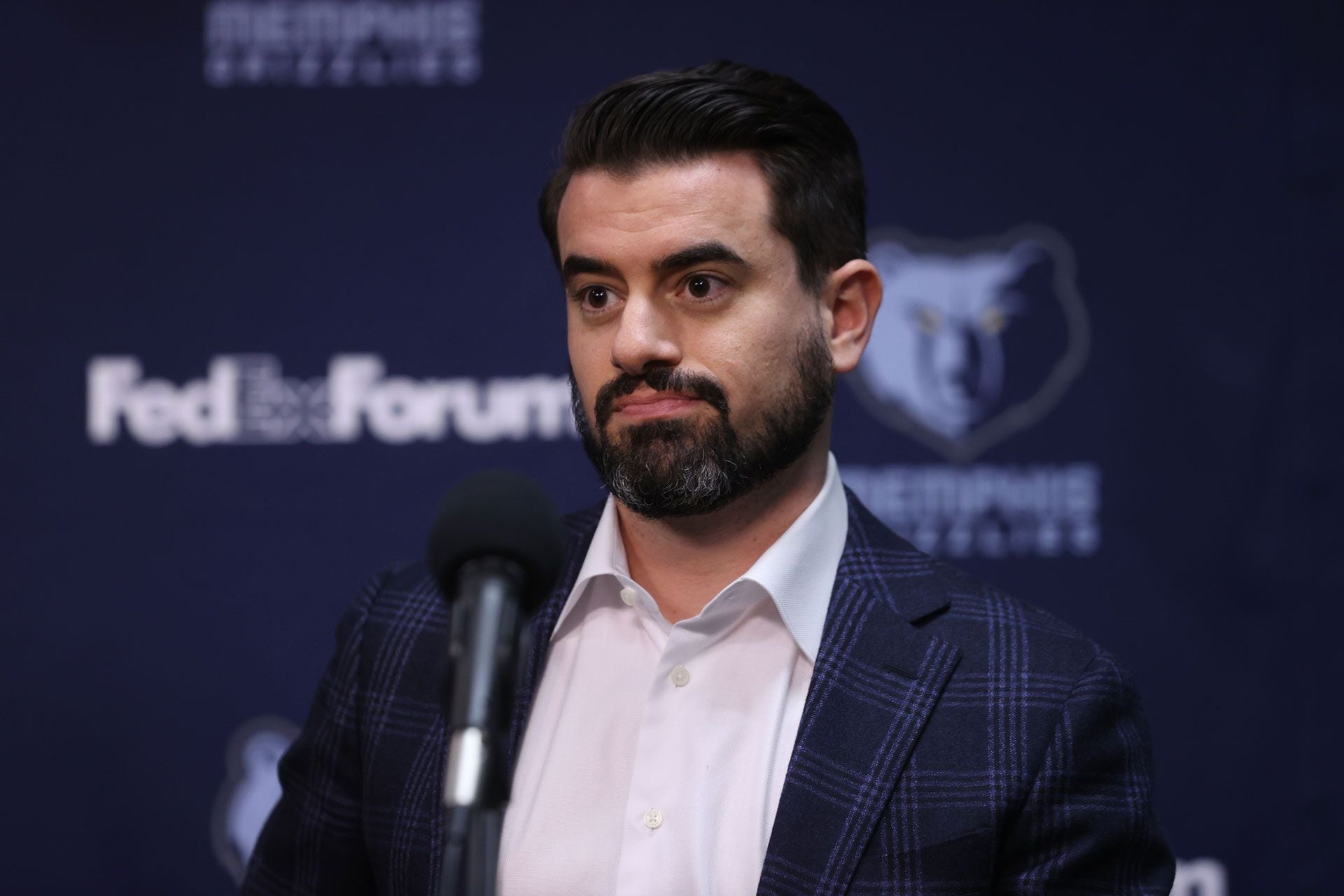 MEMPHIS, TN - June 24: Zach Kleiman, General Manager and Executive Vice President of Basketball Operation of the Memphis Grizzlies talks to the media during the introductory draft press conference on June 24, 2022 at FedExForum in Memphis, Tennessee.