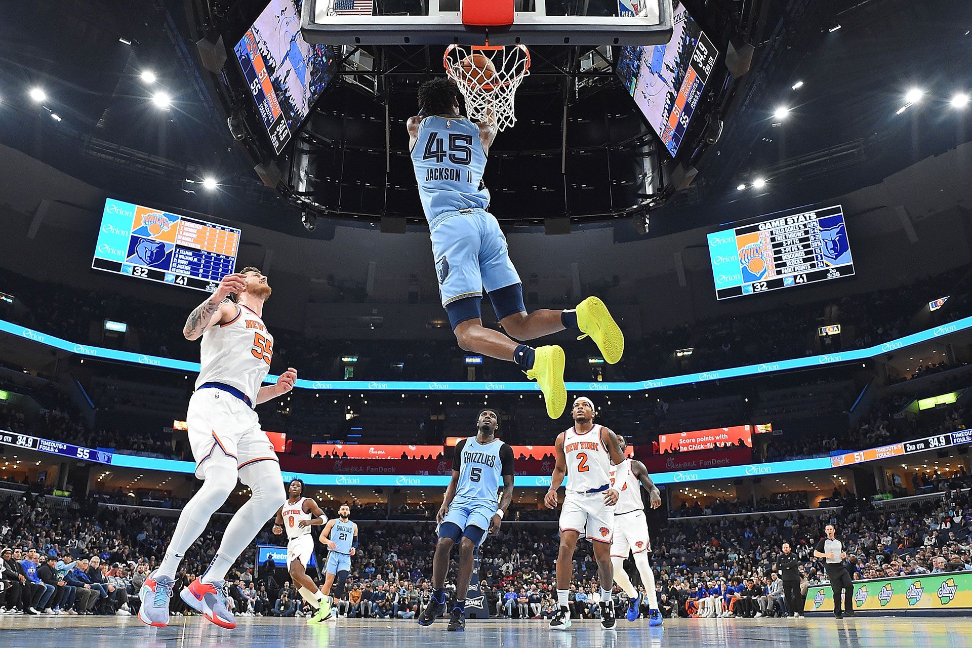 MEMPHIS, TENNESSEE - JANUARY 13: GG Jackson #45 of the Memphis Grizzlies goes to the basket during the game against the New York Knicks at FedExForum on January 13, 2024 in Memphis, Tennessee.