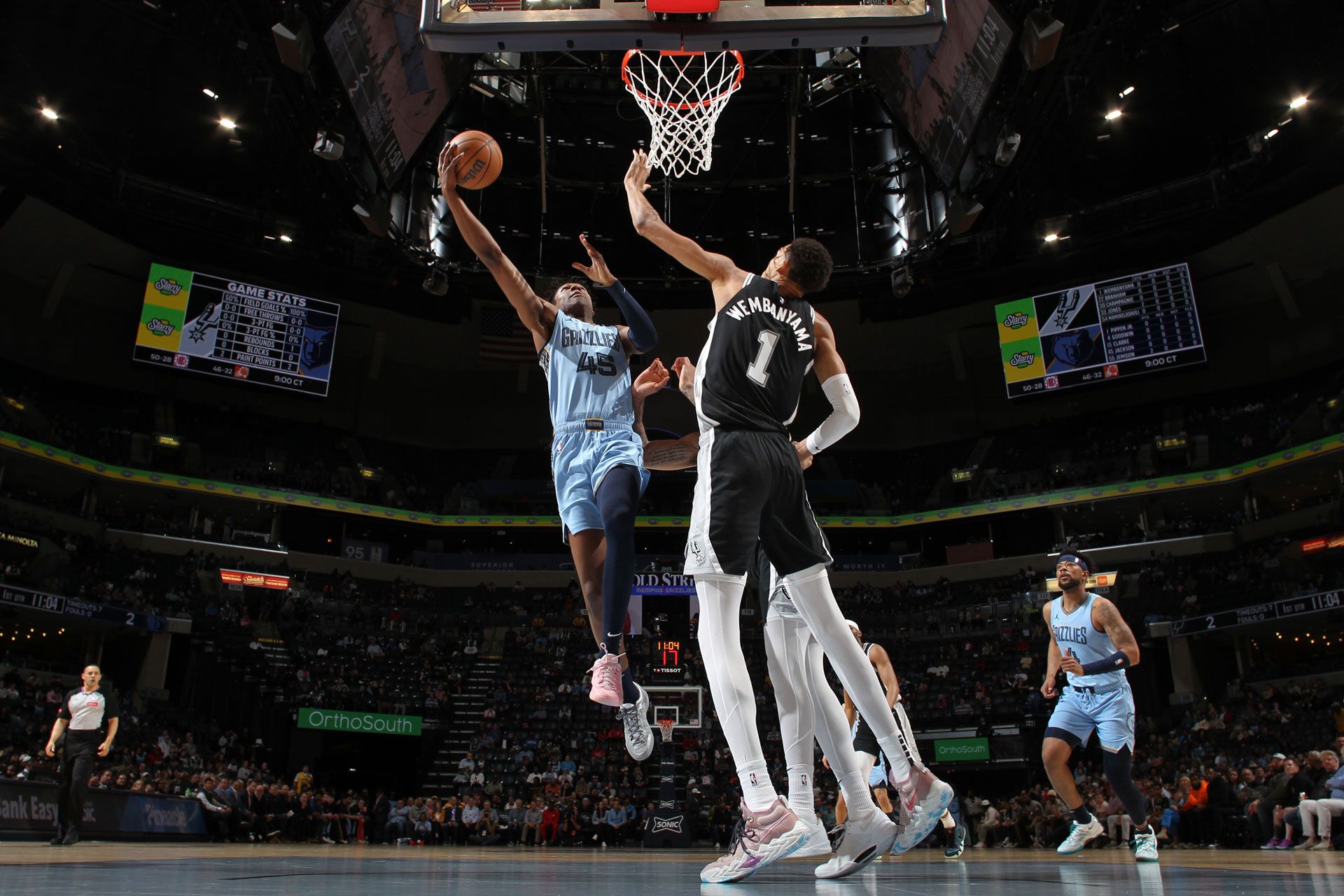 MEMPHIS, TN - APRIL 9: GG Jackson #45 of the Memphis Grizzlies drives to the basket during the game against the San Antonio Spurs on April 9, 2024 at FedExForum in Memphis, Tennessee.