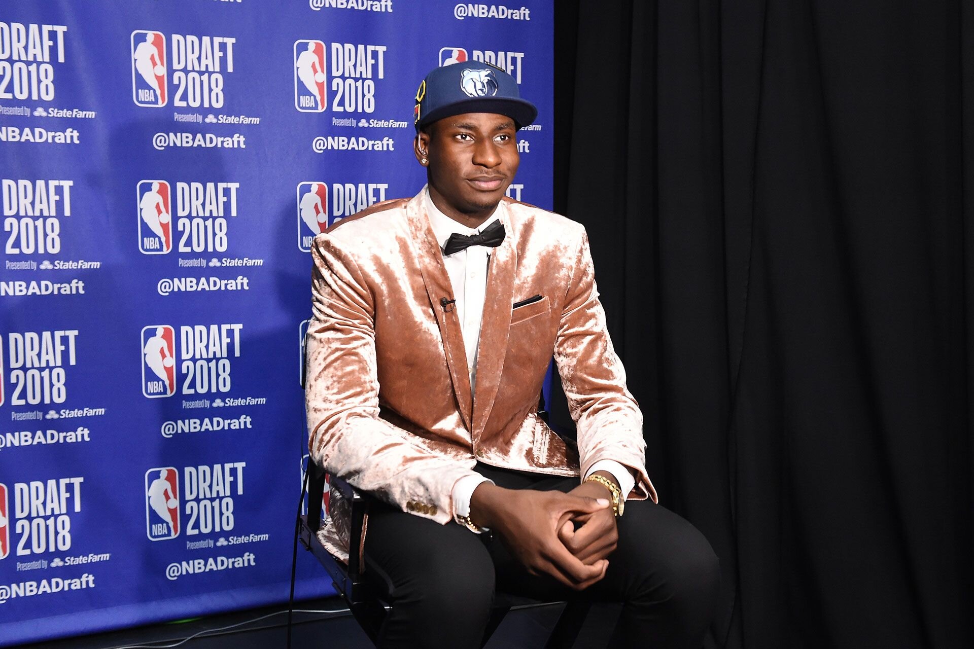 BROOKLYN, NY- JUNE 21:  Jaren Jackson Jr. speaks with the media after being selected number four overall during the 2018 2018 NBA Draft on June 21, 2018 in Brooklyn, NY.