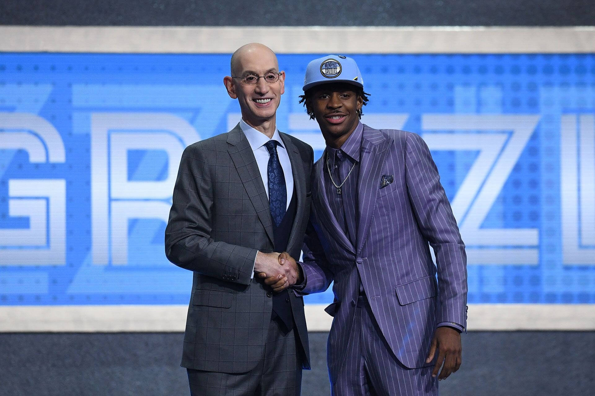 NEW YORK, NEW YORK - JUNE 20: Ja Morant poses with NBA Commissioner Adam Silver after being drafted with the second overall pick by the Memphis Grizzlies during the 2019 NBA Draft at the Barclays Center on June 20, 2019 in the Brooklyn borough of New York City.