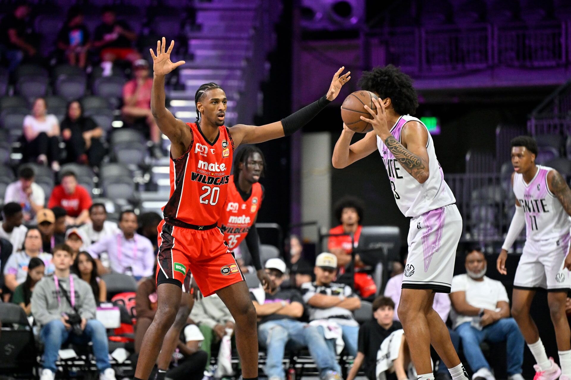 HENDERSON, NEVADA - SEPTEMBER 06: Alexandre Sarr #20 of the Perth Wildcats plays defense during the game against G League Ignite during the G League Fall Invitational on September 6, 2023 at the Dollar Loan Center in Henderson, Nevada.