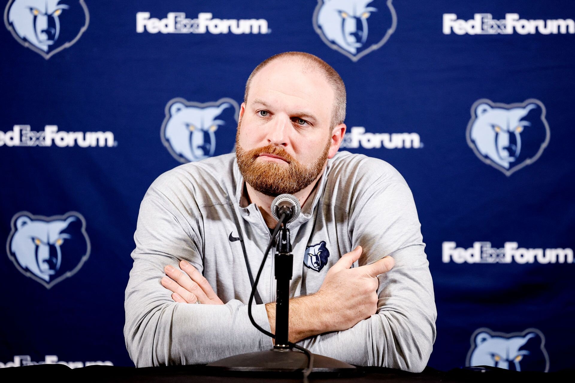 ORLANDO, FL - MARCH 30: Head Coach Taylor Jenkins of the Memphis Grizzlies talk with the media before the start of the game against the Orlando Magic at the Kia Center on March 30, 2024 in Orlando, Florida.