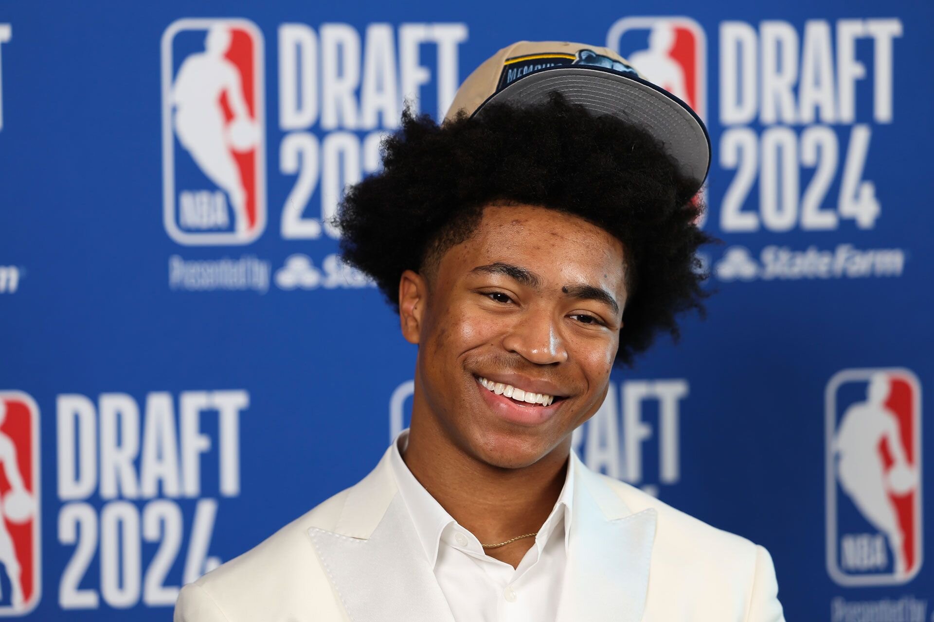 NEW YORK, NEW YORK - JUNE 27: Jaylen Wells speaks to the media after being selected by the Memphis Grizzlies with the 39th pick during the second round of the 2024 NBA Draft at ESPN Seaport District Studios on June 27, 2024 in New York City.