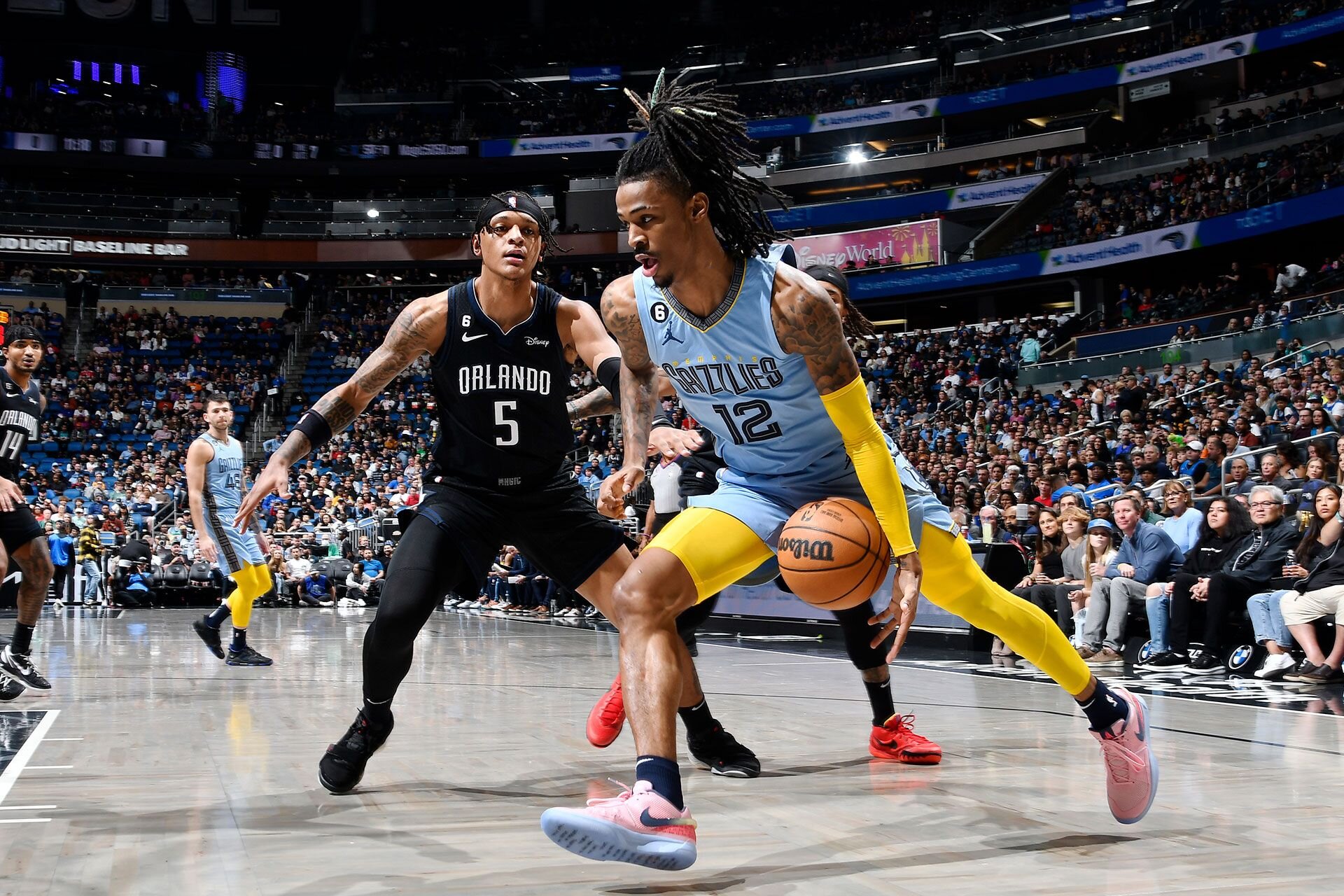 ORLANDO, FL - JANUARY 5: Ja Morant #12 of the Memphis Grizzlies drives to the basket during the game against the Orlando Magic on January 5, 2023 at Amway Center in Orlando, Florida.