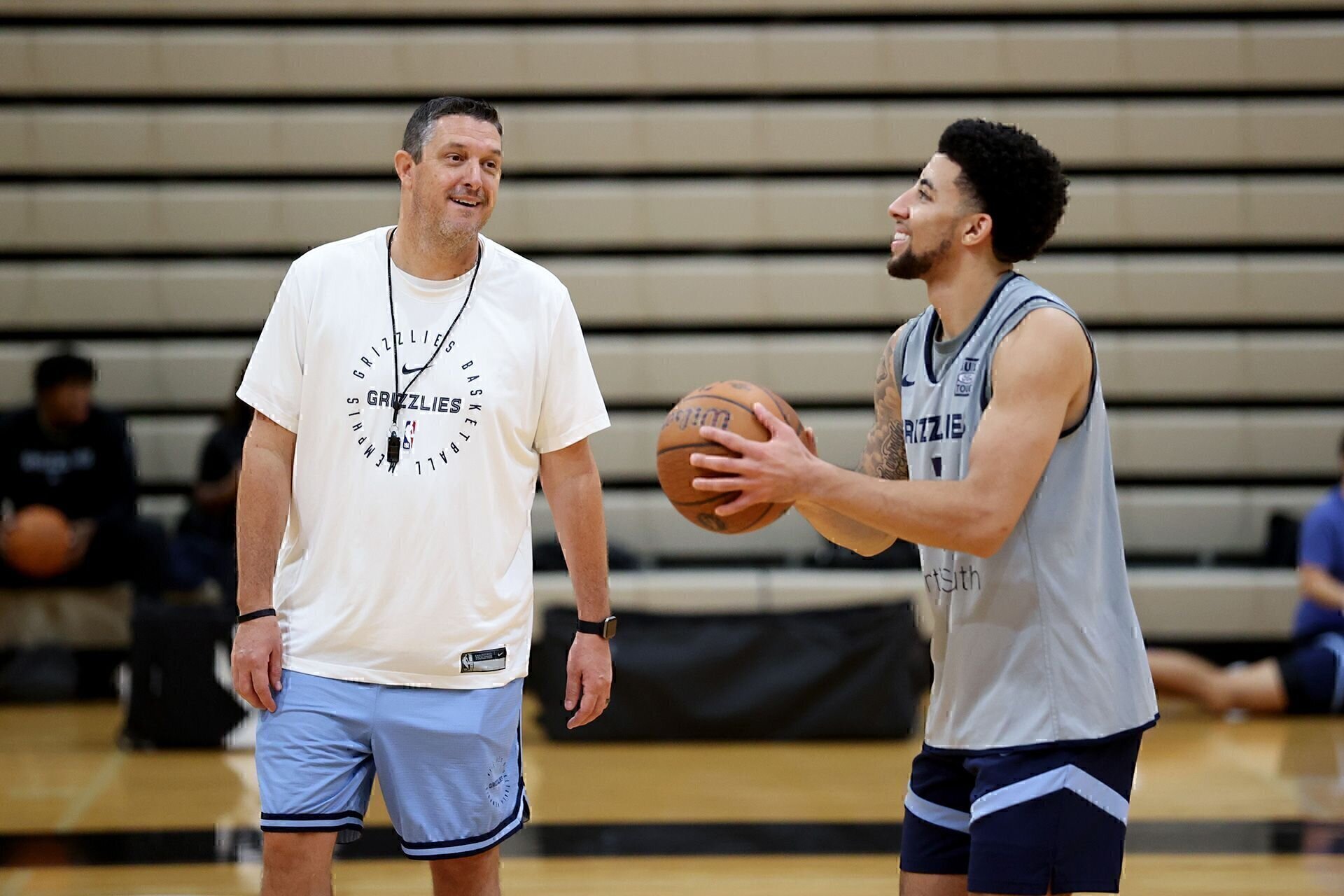 NASHVILLE, TN - OCTOBER 3: Scotty Pippin Jr. #1 and Jason March assistant coach of the Memphis Grizzlies during Training Camp on October 3, 2024 at Ensworth High School in Nashville, Tennessee.