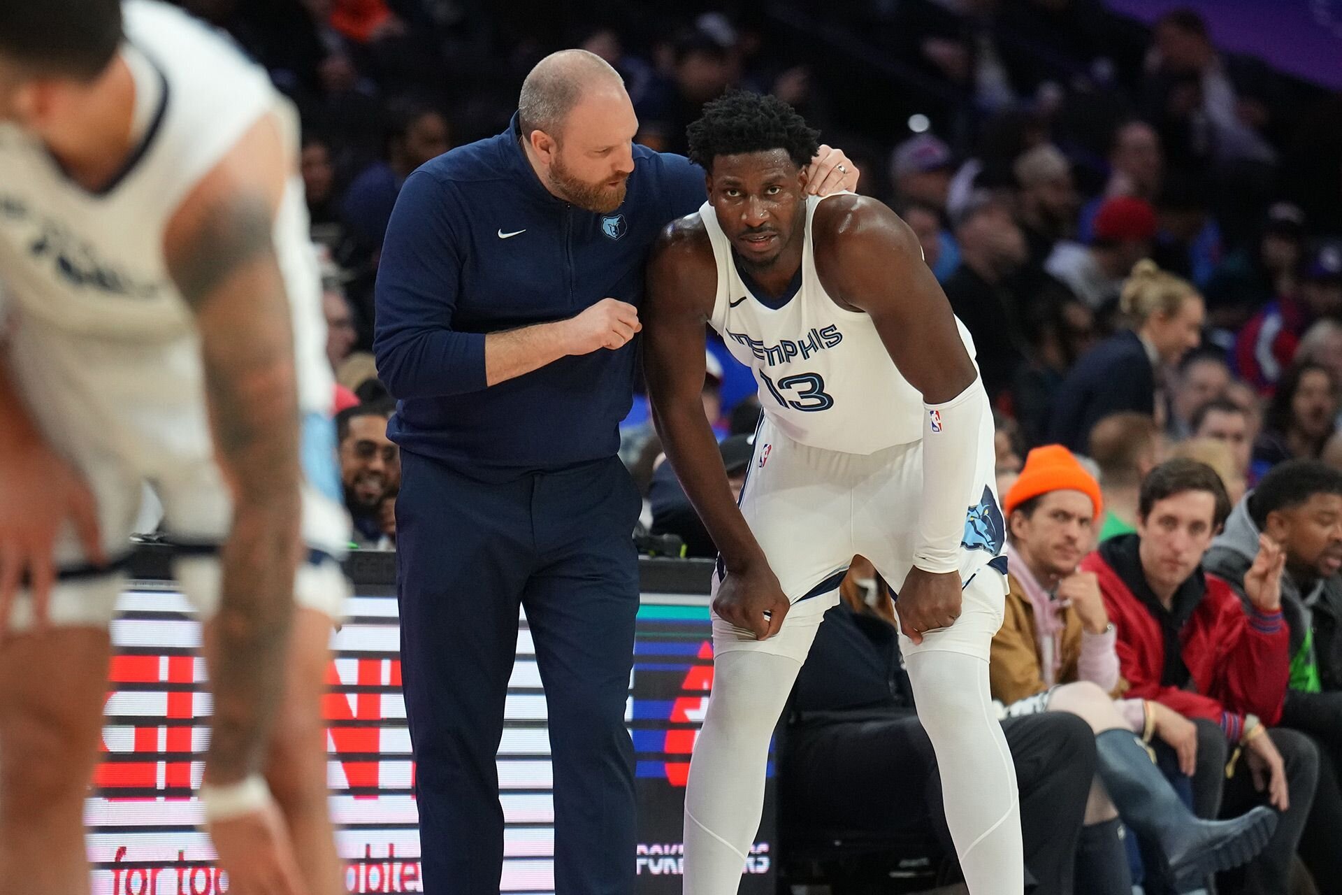 PHILADELPHIA, PA - MARCH 6: Head Coach Taylor Jenkins of the Memphis Grizzlies talks to Jaren Jackson Jr. #13 during the game against the Philadelphia 76ers on March 6, 2024 at the Wells Fargo Center in Philadelphia, Pennsylvania.