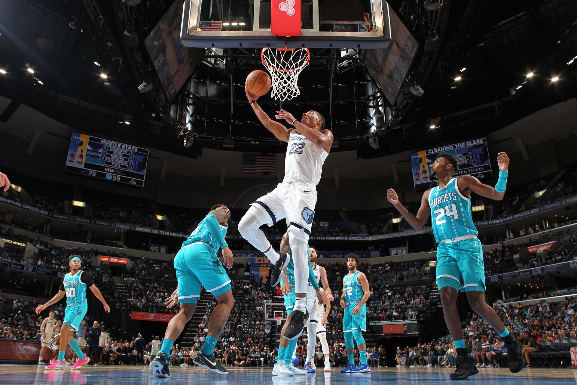 MEMPHIS, TN - OCTOBER 10: Desmond Bane #22 of the Memphis Grizzlies shoots the ball during the game against the Charlotte Hornets during a NBA Preseason game on October 10, 2024 at FedExForum in Memphis, Tennessee.