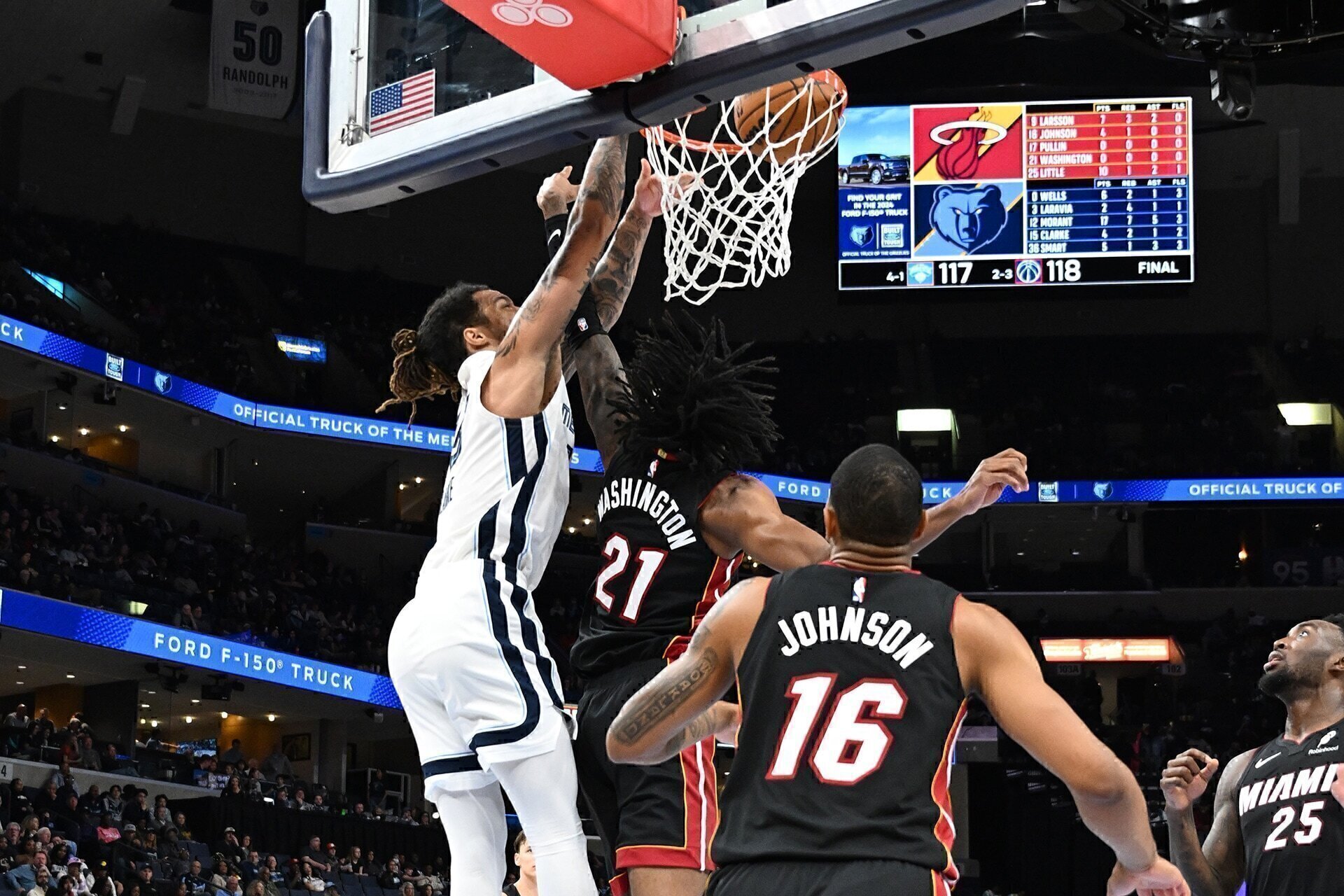 MEMPHIS, TN - OCTOBER 18: Brandon Clarke #15 of the Memphis Grizzlies dunks the ball during the game against the Miami Heat during a NBA preseason game on October 18, 2024 at FedExForum in Memphis, Tennessee.