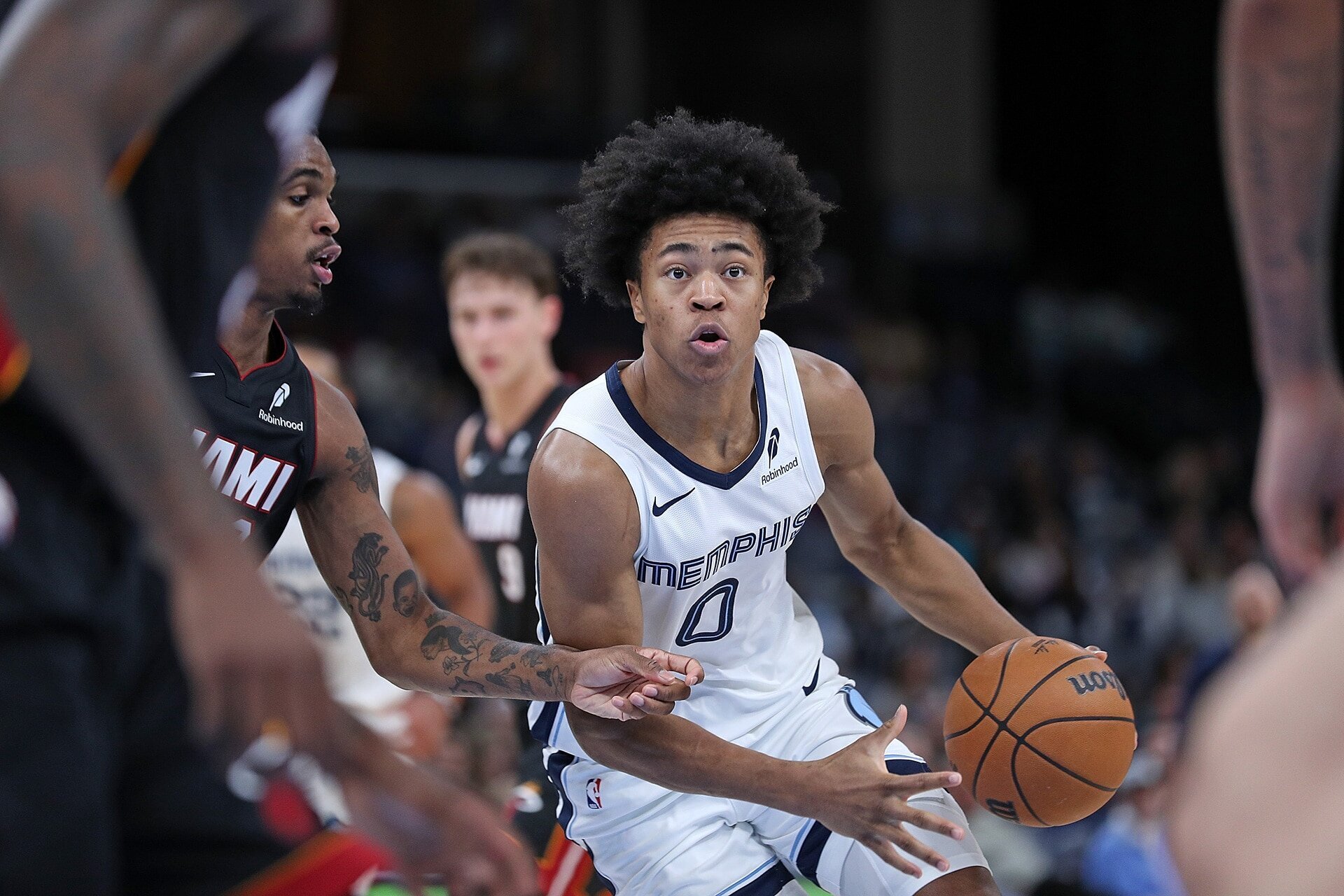 MEMPHIS, TENNESSEE - OCTOBER 18: Jaylen Wells #0 of the Memphis Grizzlies during the game during the second half against the Miami Heat at FedExForum on October 18, 2024 in Memphis, Tennessee.