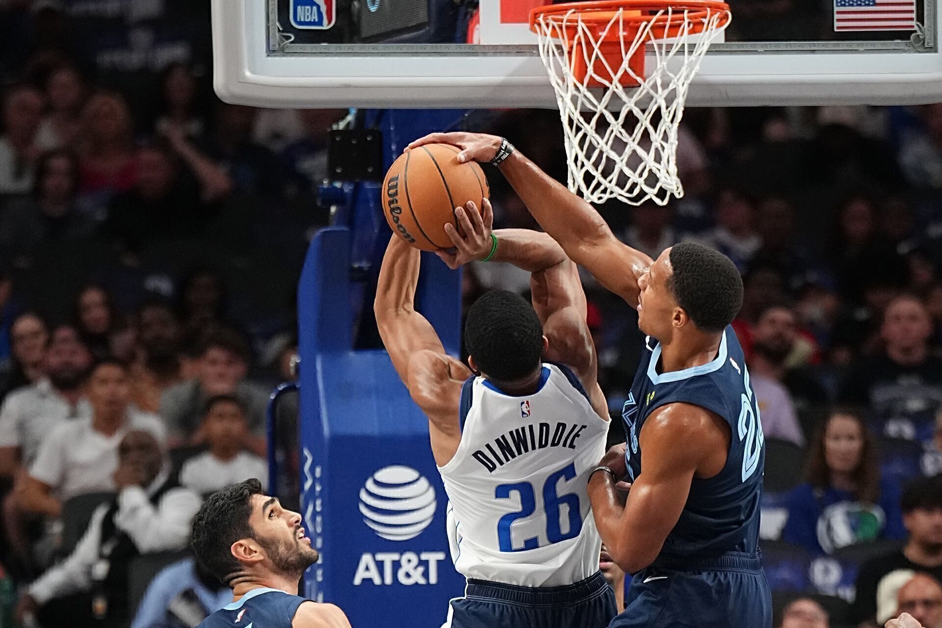 DALLAS, TX - OCTOBER 7: Desmond Bane #22 of the Memphis Grizzlies blocks a shot during the game against the Dallas Mavericks during the 2024 NBA Preseason on October 7, 2024 at dalAmerican Airlines Center in Dallas, Texas.