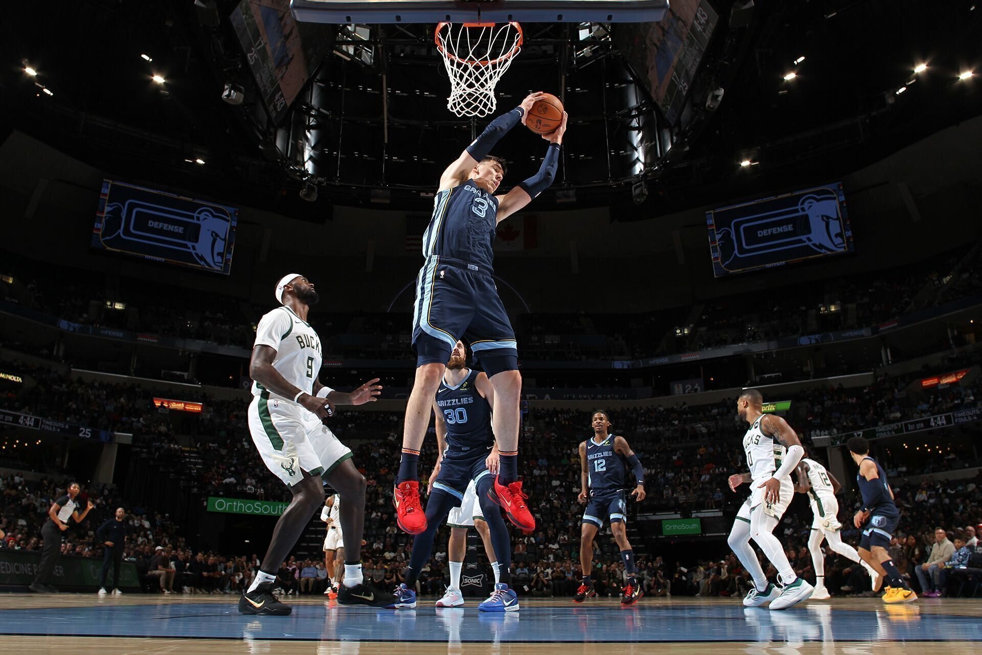 MEMPHIS, TN - OCTOBER 31: Jake LaRavia #3 of the Memphis Grizzlies rebounds the ball during the game against the Milwaukee Bucks on October 31, 2024 at FedExForum in Memphis, Tennessee.