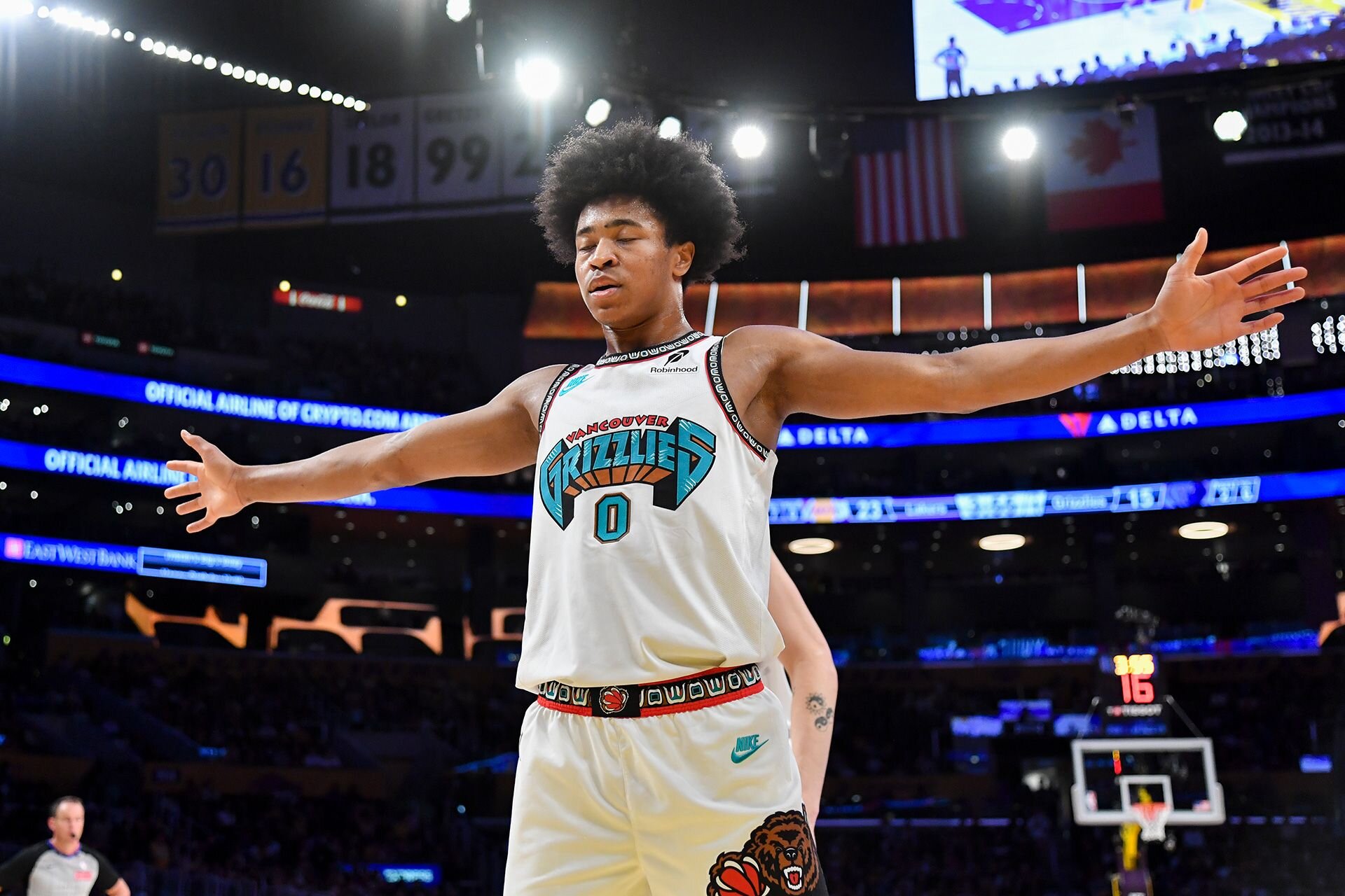 LOS ANGELES, CA - OCTOBER 22:  Jaylen Wells #0 of the Memphis Grizzlies stands on court before the game against the Los Angeles Lakers on October 22, 2024 at Crypto.com Arena in Los Angeles, California.