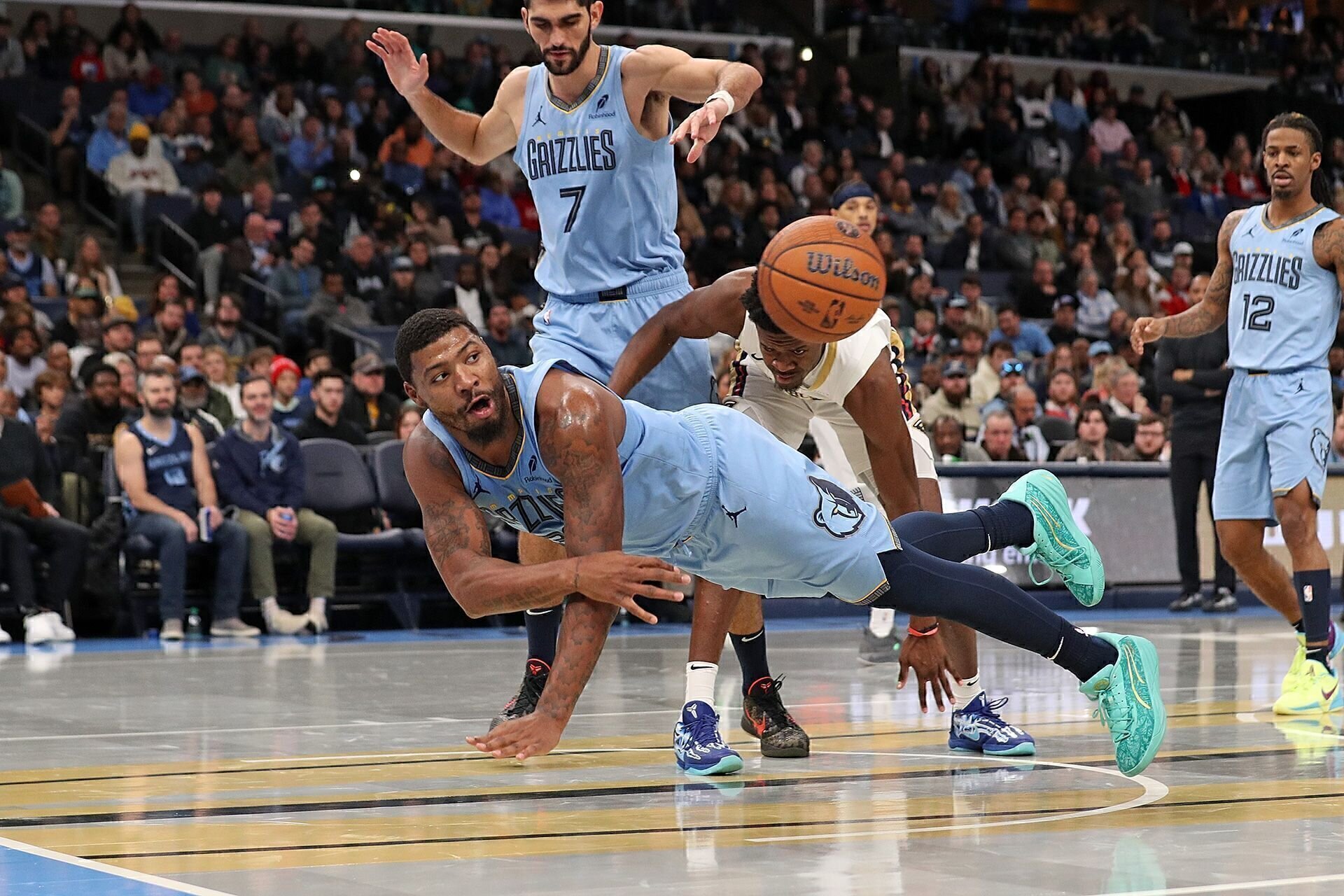 MEMPHIS, TENNESSEE - NOVEMBER 29: Marcus Smart #36 of the Memphis Grizzlies passes the ball during the second half against the New Orleans Pelicans of an Emirates NBA Cup game at FedExForum on November 29, 2024 in Memphis, Tennessee.