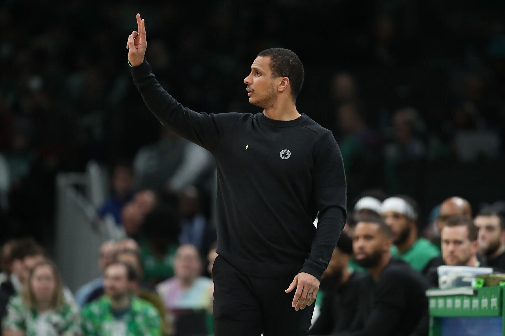 BOSTON, MASSACHUSETTS - FEBRUARY 04: Head coach Joe Mazzulla of the Boston Celtics signals a play during the second half against the Memphis Grizzlies at TD Garden on February 04, 2024 in Boston, Massachusetts.