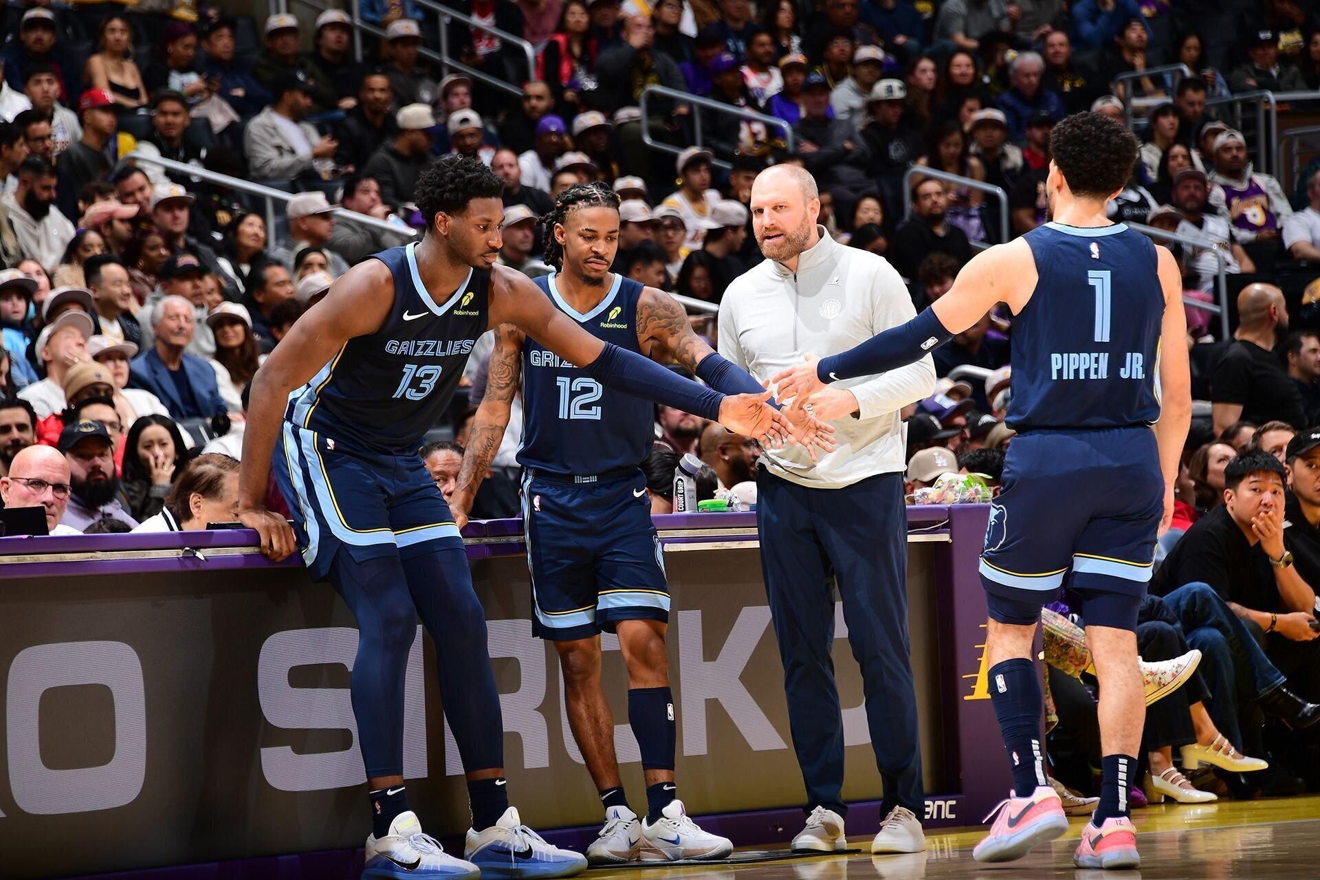 LOS ANGELES, CA - DECEMBER 15: The Memphis Grizzlies look on during the game against the Los Angeles Lakers on December 15, 2024 at Crypto.Com Arena in Los Angeles, California.