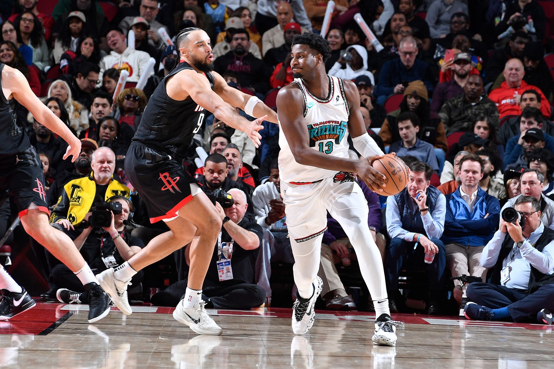 HOUSTON, TX - JANUARY 13:  Jaren Jackson Jr. #13 of the Memphis Grizzlies dribbles the ball during the game against the Houston Rockets  on January 13, 2025 at the Toyota Center in Houston, Texas.