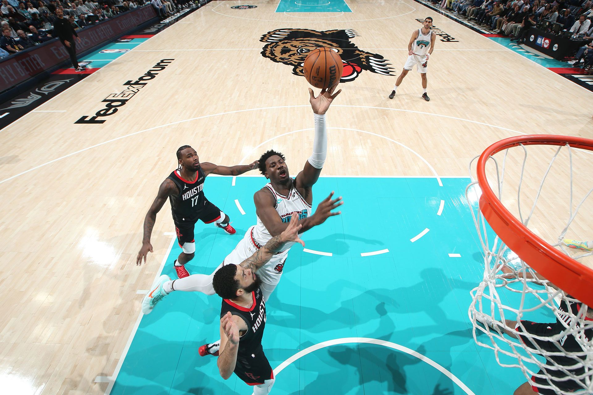 MEMPHIS, TN - JANUARY 30: Jaren Jackson Jr. #13 of the Memphis Grizzlies shoots the ball during the game against the Houston Rockets on January 30, 2025 at FedExForum in Memphis, Tennessee.