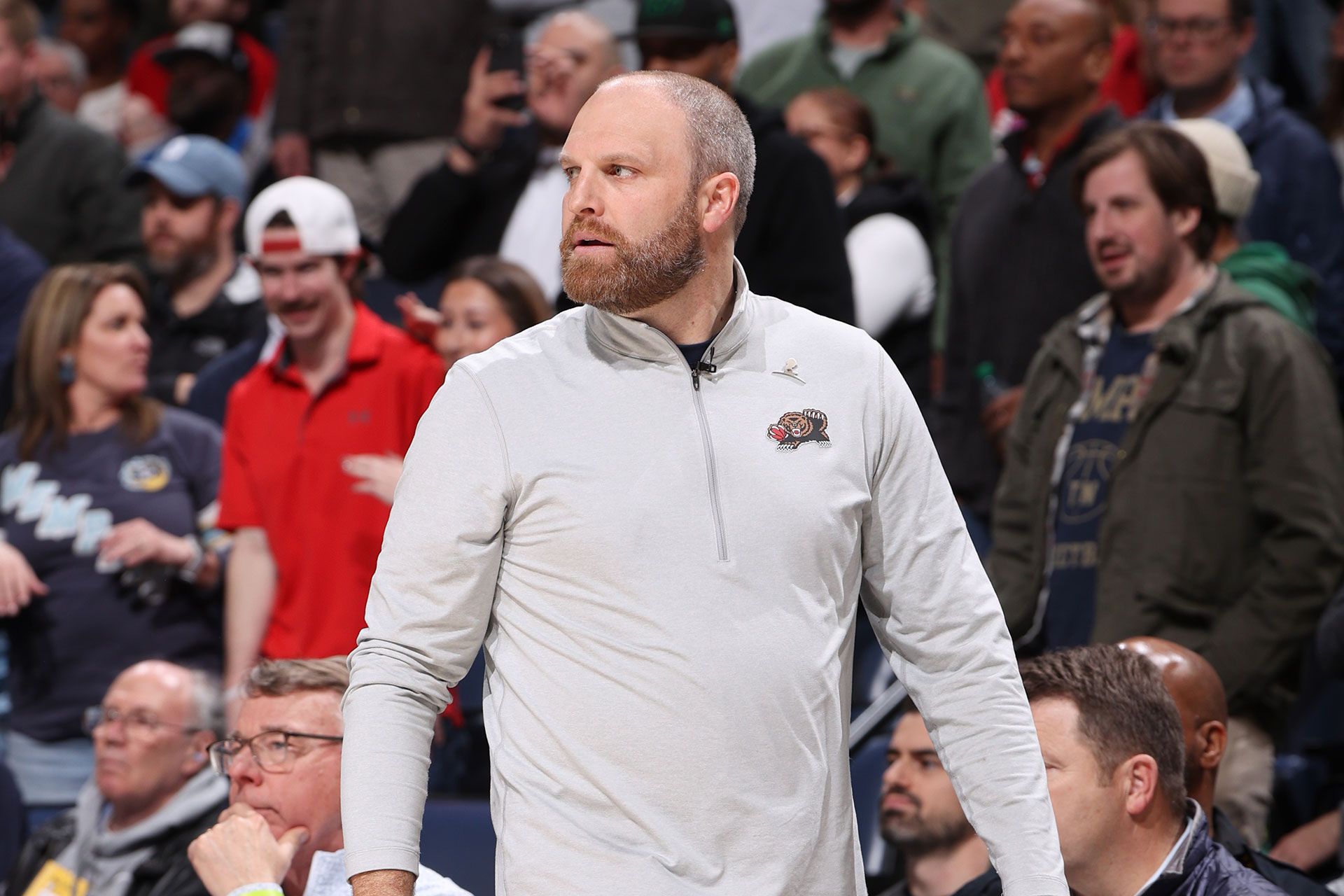 MEMPHIS, TN - JANUARY 30: Head Coach Taylor Jenkins of the Memphis Grizzlies looks on during the game against the Houston Rockets on January 30, 2025 at FedExForum in Memphis, Tennessee.