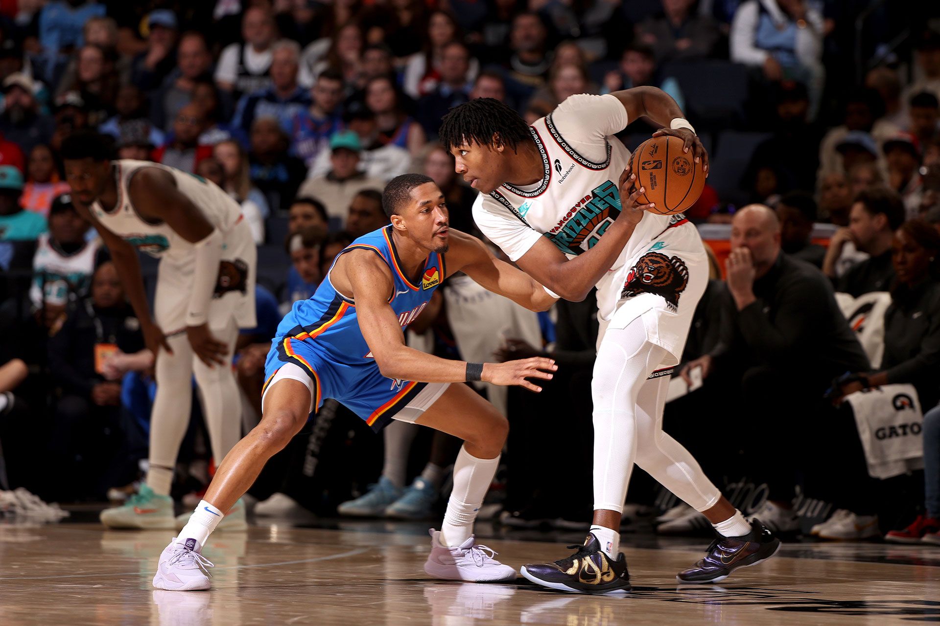 MEMPHIS, TN - FEBRUARY 08: GG Jackson II #45 of the Memphis Grizzlies handles the ball during the game against the Oklahoma City Thunder on February 8, 2025 at FedExForum in Memphis, Tennessee.