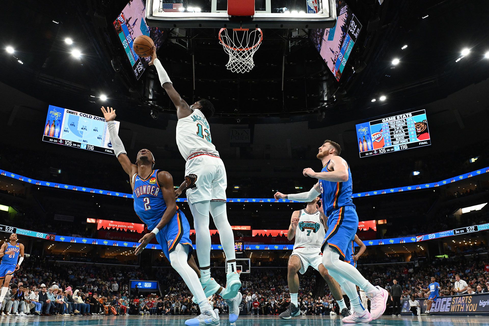 MEMPHIS, TN - FEBRUARY 8:  Jaren Jackson Jr. #13 of the Memphis Grizzlies blocks shot during the game against the Oklahoma City Thunder on February  8, 2025 at FedExForum in Memphis, Tennessee.