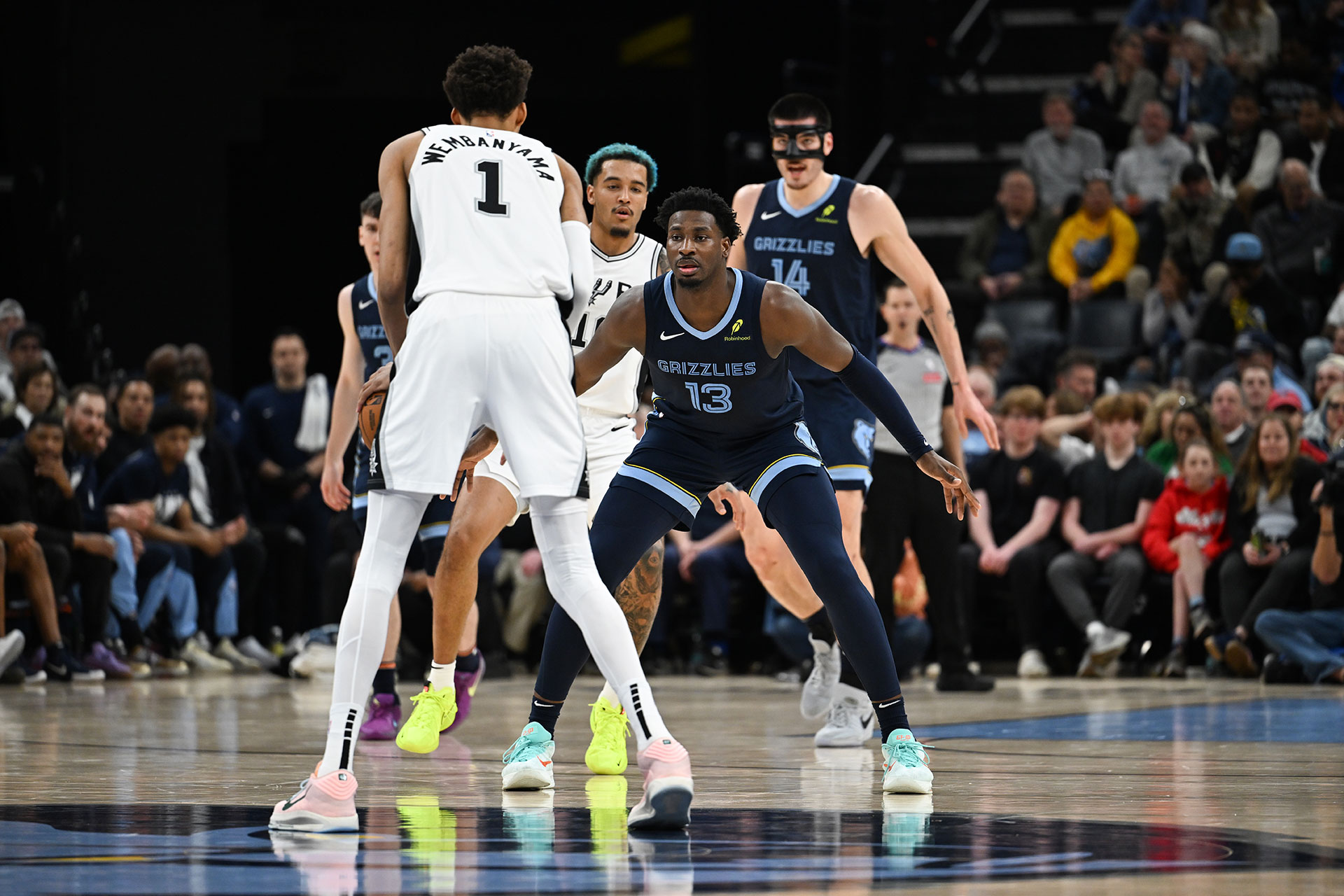 MEMPHIS, TN - FEBRUARY 3:  Jaren Jackson Jr. #13 of the Memphis Grizzlies plays defense during the game against Victor Wembanyama #1 of the San Antonio Spurs on February  3, 2025 at FedExForum in Memphis, Tennessee.