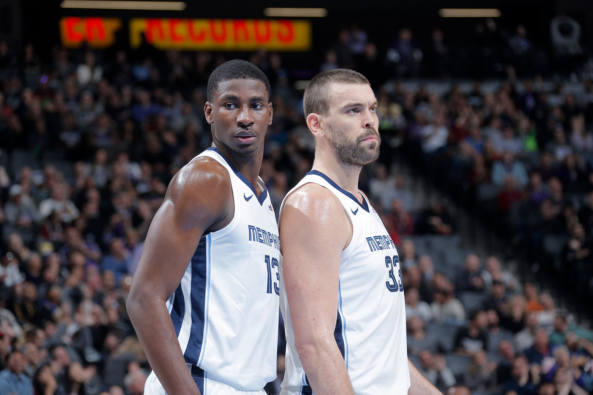 SACRAMENTO, CA - DECEMBER 21: Jaren Jackson Jr. #13 of the Memphis Grizzlies and Marc Gasol #33 of the Memphis Grizzlies looks on during the game against the Sacramento Kings on December 21, 2018 at Golden 1 Center in Sacramento, California.