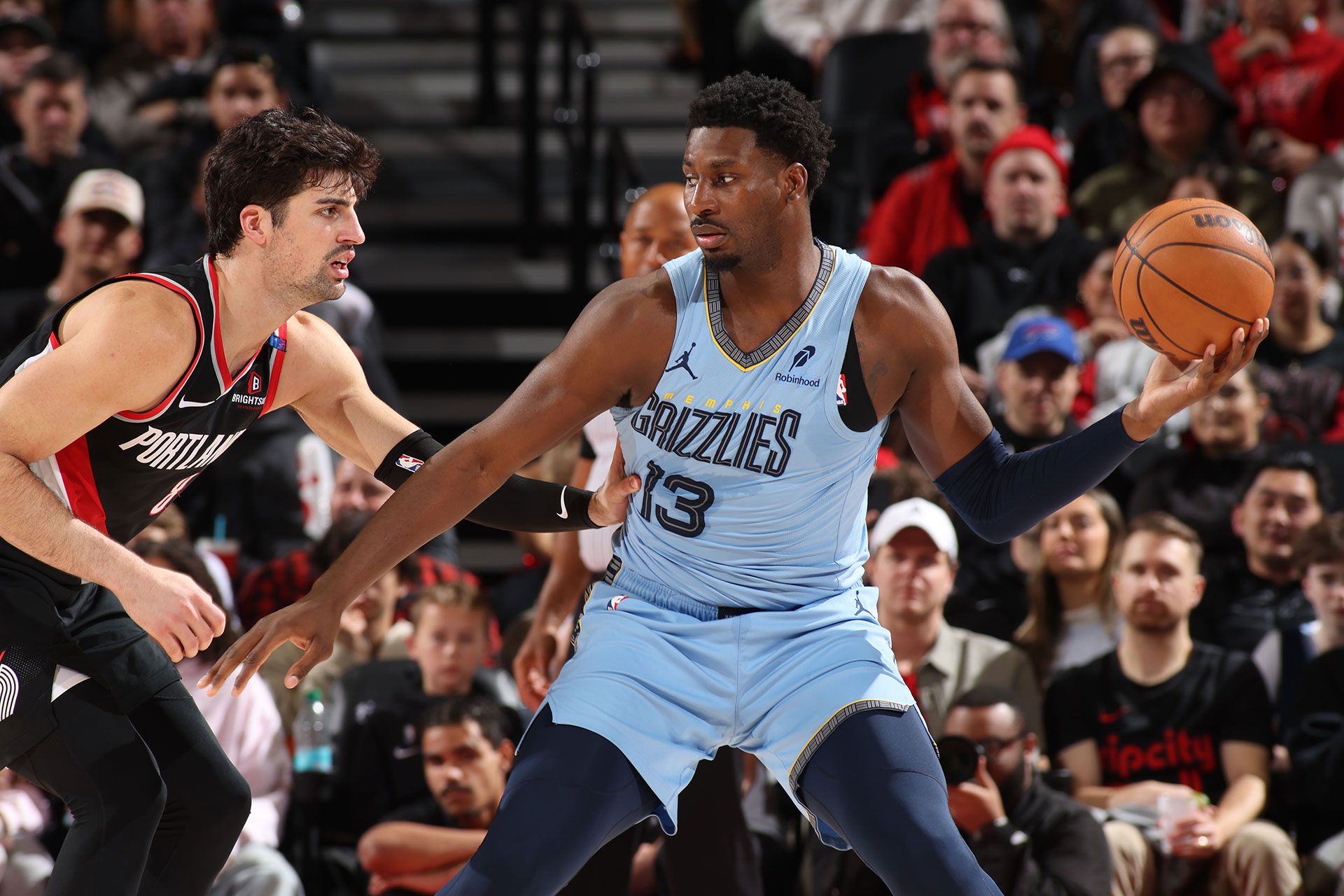 PORTLAND, OR - MARCH 19:  Jaren Jackson Jr. #13 of the Memphis Grizzlies handles the ball during the game against the Portland Trail Blazers on March 19, 2025 at the Moda Center Arena in Portland, Oregon.