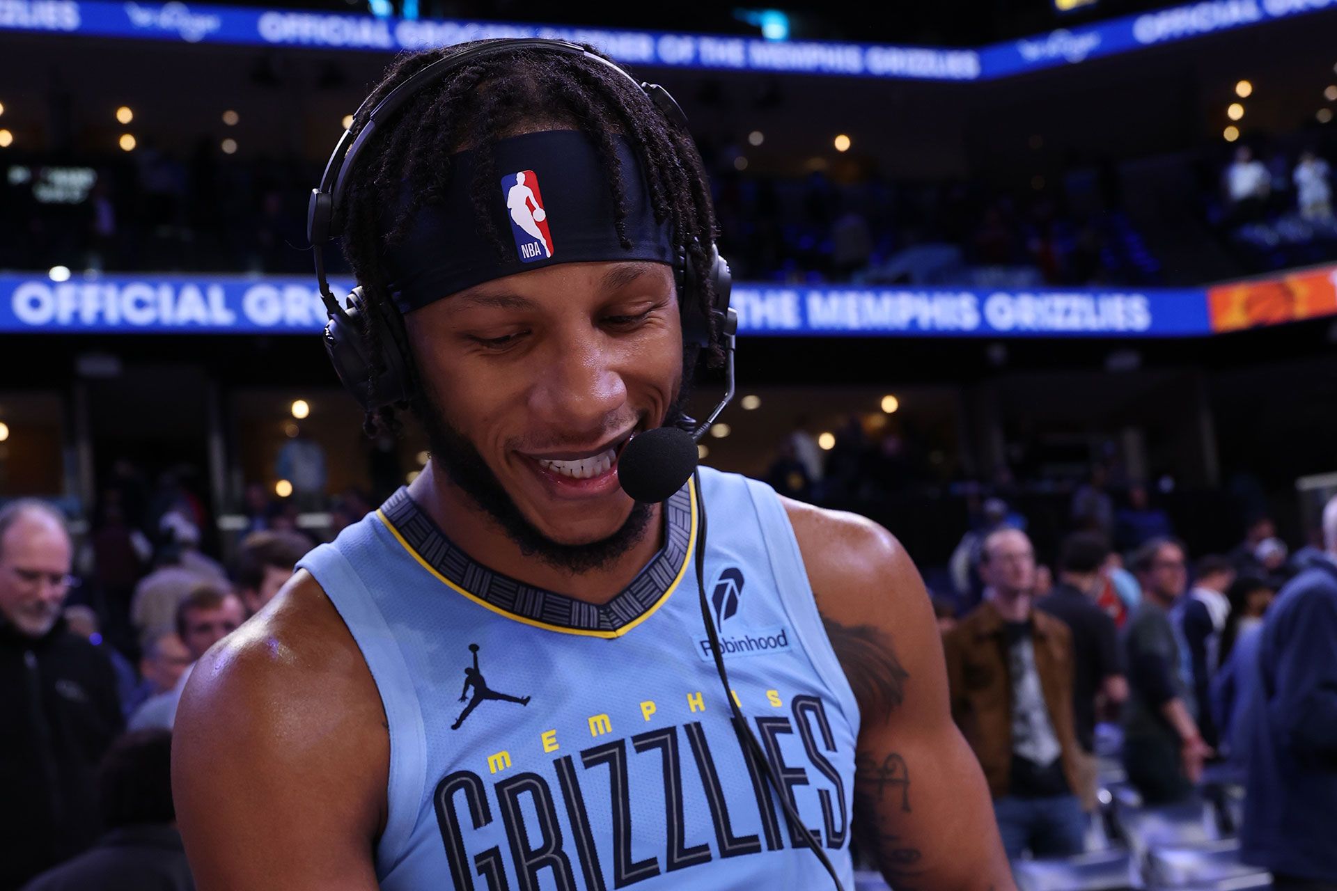 MEMPHIS, TN - MARCH 10: Lamar Stevens #8 of the Memphis Grizzlies talks to the media after the game against the Phoenix Suns on March 10, 2025 at FedExForum in Memphis, Tennessee.