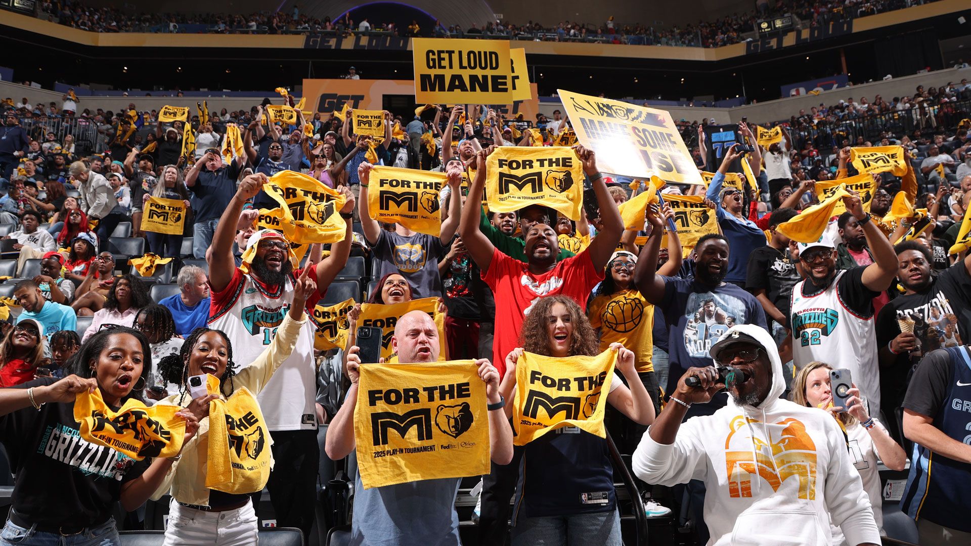 MEMPHIS, TN - APRIL 18: Memphis Grizzlies' fans celebrate during the game against the Dallas Mavericks during the 2025 SoFi Play-In Tournament on April 18, 2025 at FedExForum in Memphis, Tennessee.