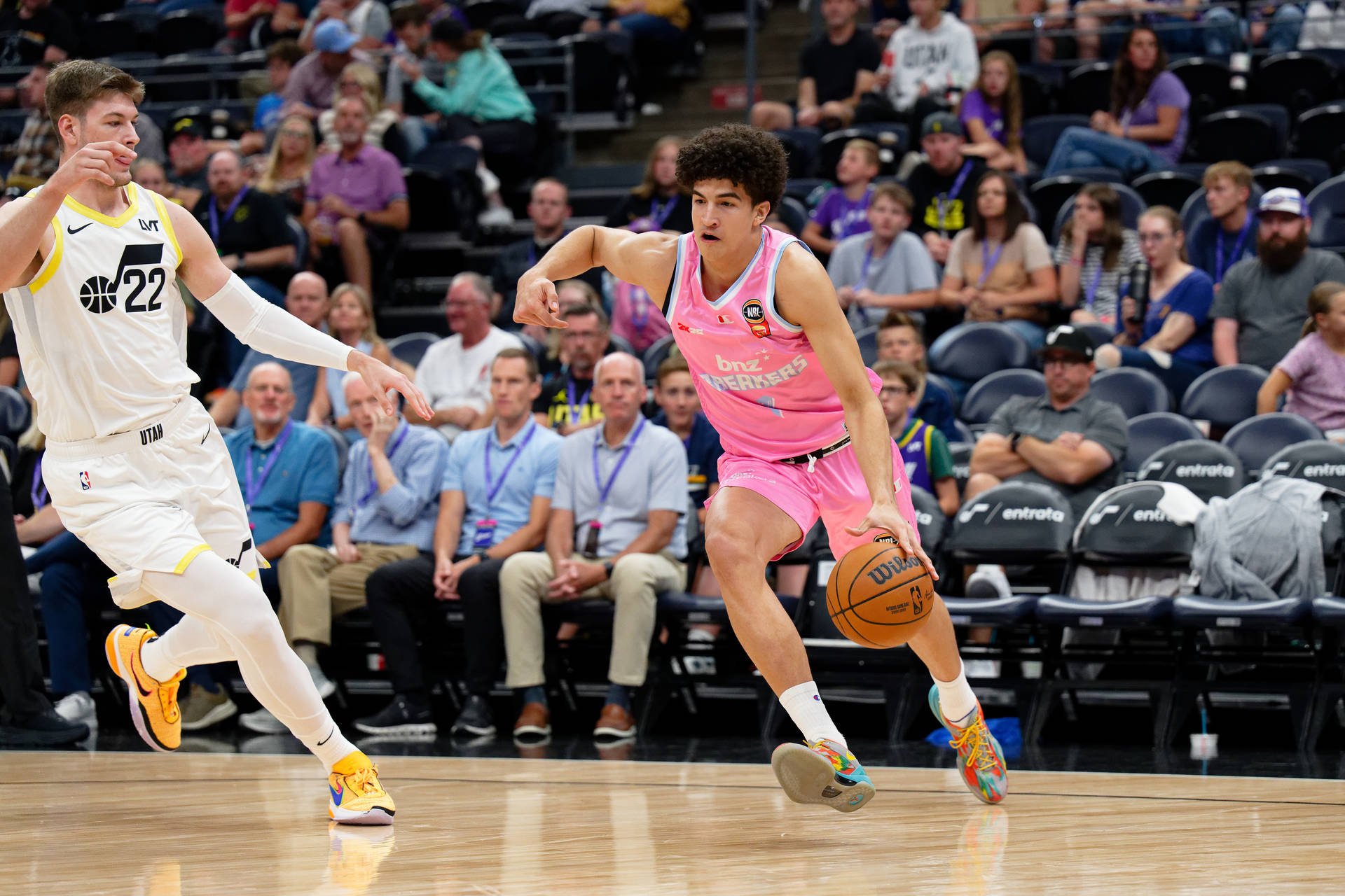 SALT LAKE CITY, UTAH - OCTOBER 04:  Karim Lopez #1 of the New Zealand Breakers controls the ball against the Utah Jazz on October 04, 2024 at Delta Center in Salt Lake City, Utah.