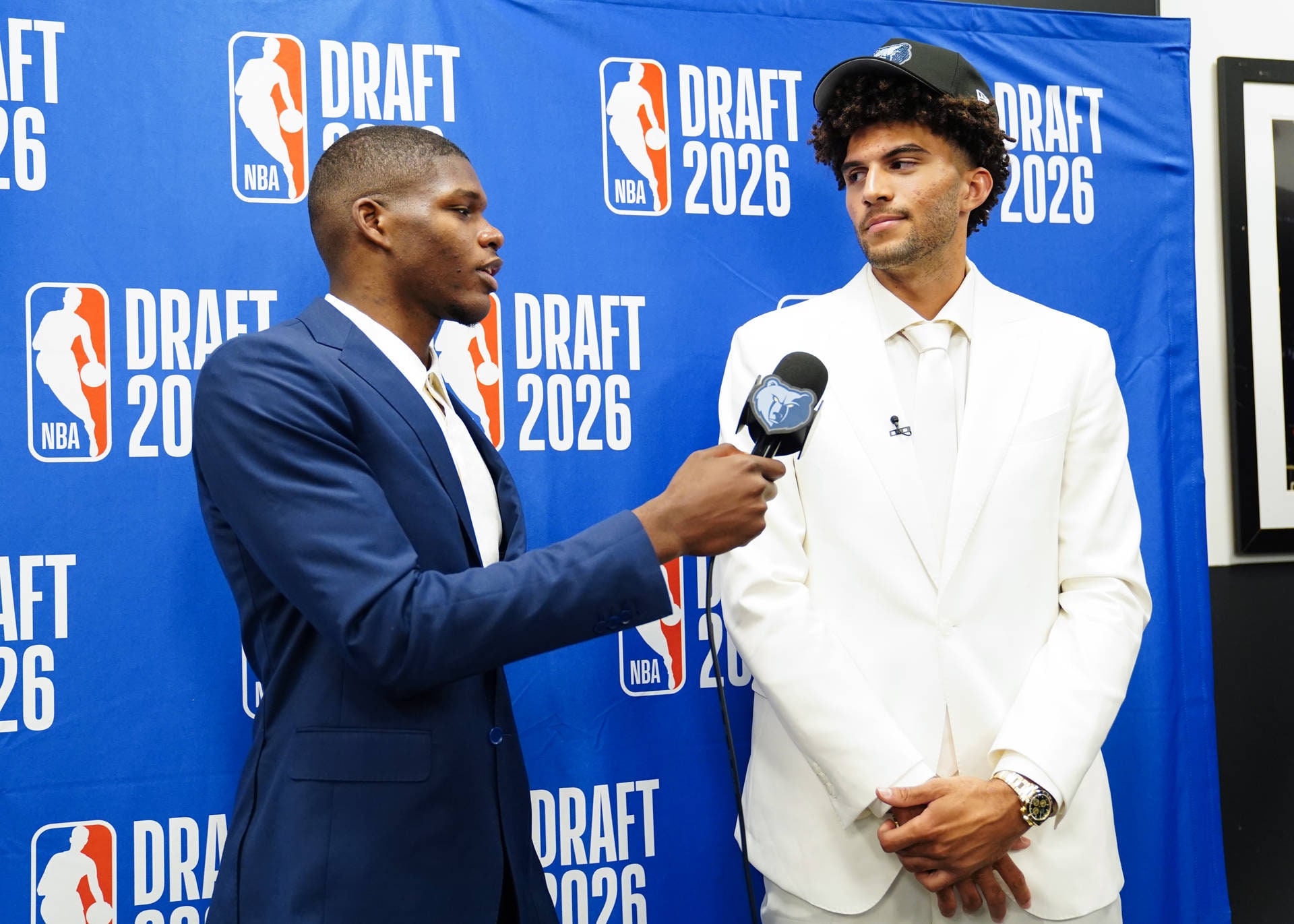 BROOKLYN, NY - JUNE 23: Cameron Boozer talks to the media after being drafted number three overall by the Memphis Grizzlies the 2026 NBA Draft - Round One on June 23, 2026 at Barclays Center in Brooklyn, New York.